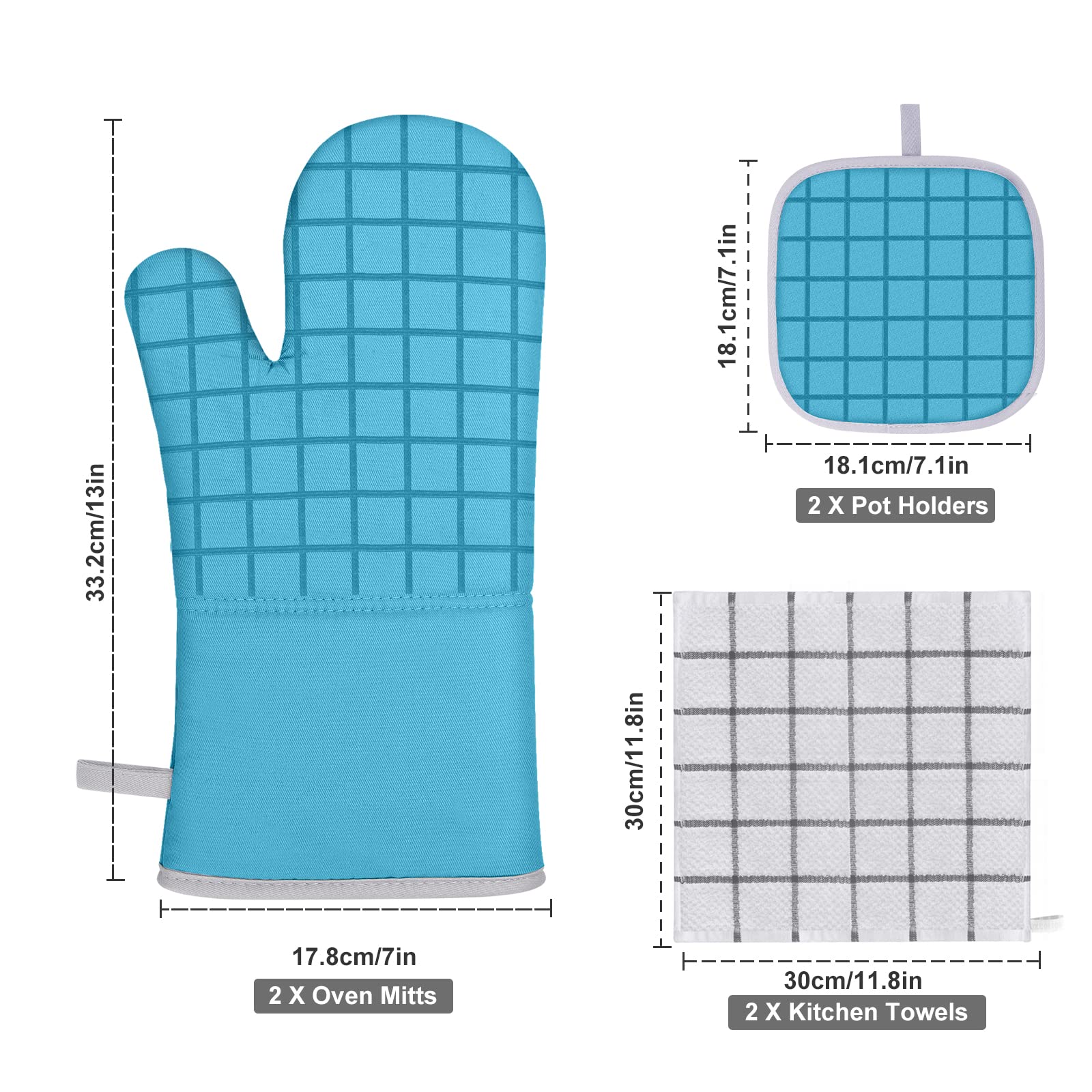Heat Resistant Oven Mitts & Pot Holders Set - 500°F Safe Kitchen Mitts with Dish Towels & Dishcloths, 6-Piece Turquoise Set for Baking, Cooking & Grilling - Includes Hanging Loop for Easy Storage