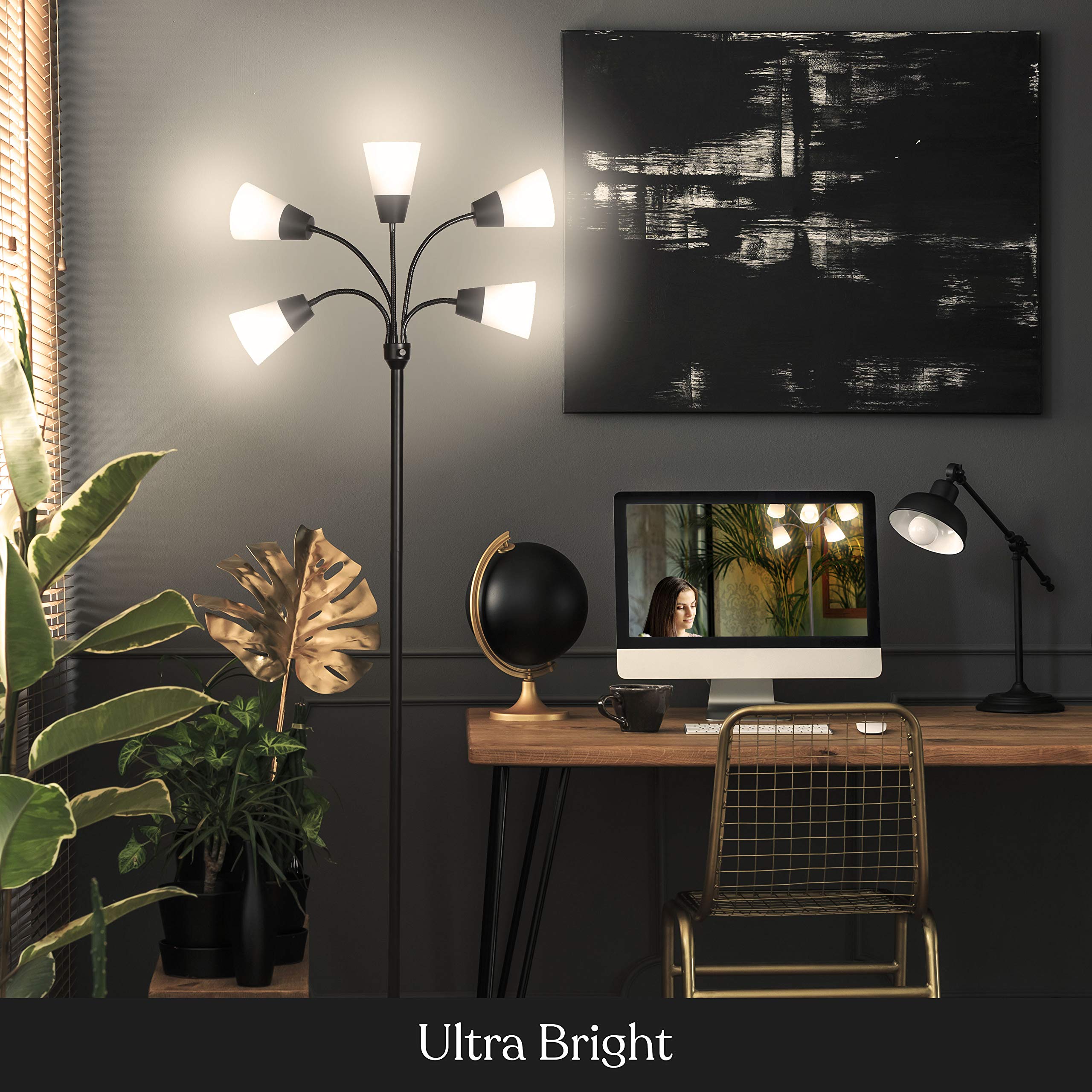 Brightech Medusa Modern LED Floor Lamp - Adjustable Multi-Head Standing Light with 5 LED Bulbs & Interchangeable Shades - Tall Contemporary Lighting for Living Room, Office, Reading Nook & Hobby Spaces - Black