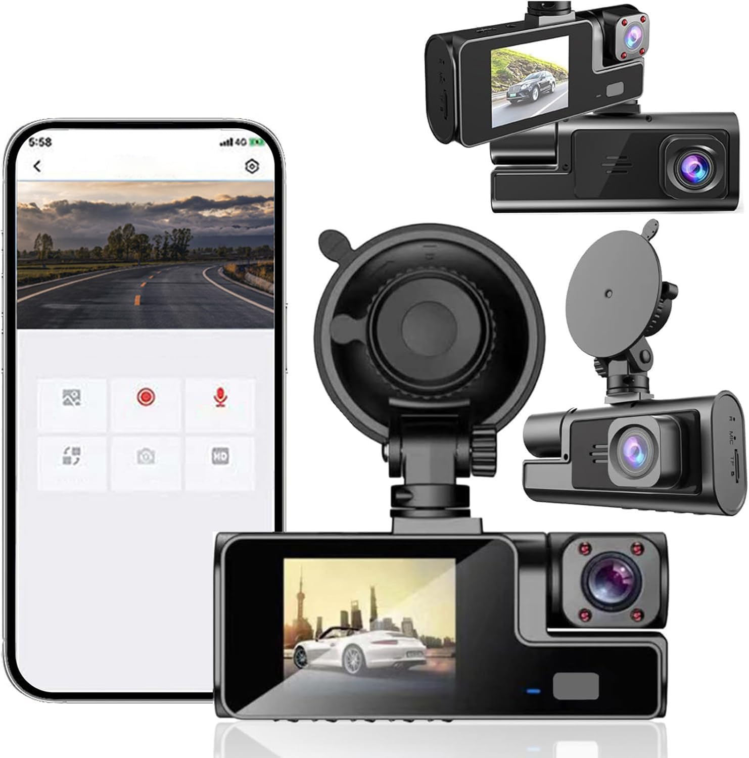 1080P Dual Front and Rear Dash Cam with Night Vision & 24H Parking Monitor - Car Camera for Interior & Exterior Surveillance - Perfect for Daily Commute, Road Trips, and Vehicle Security