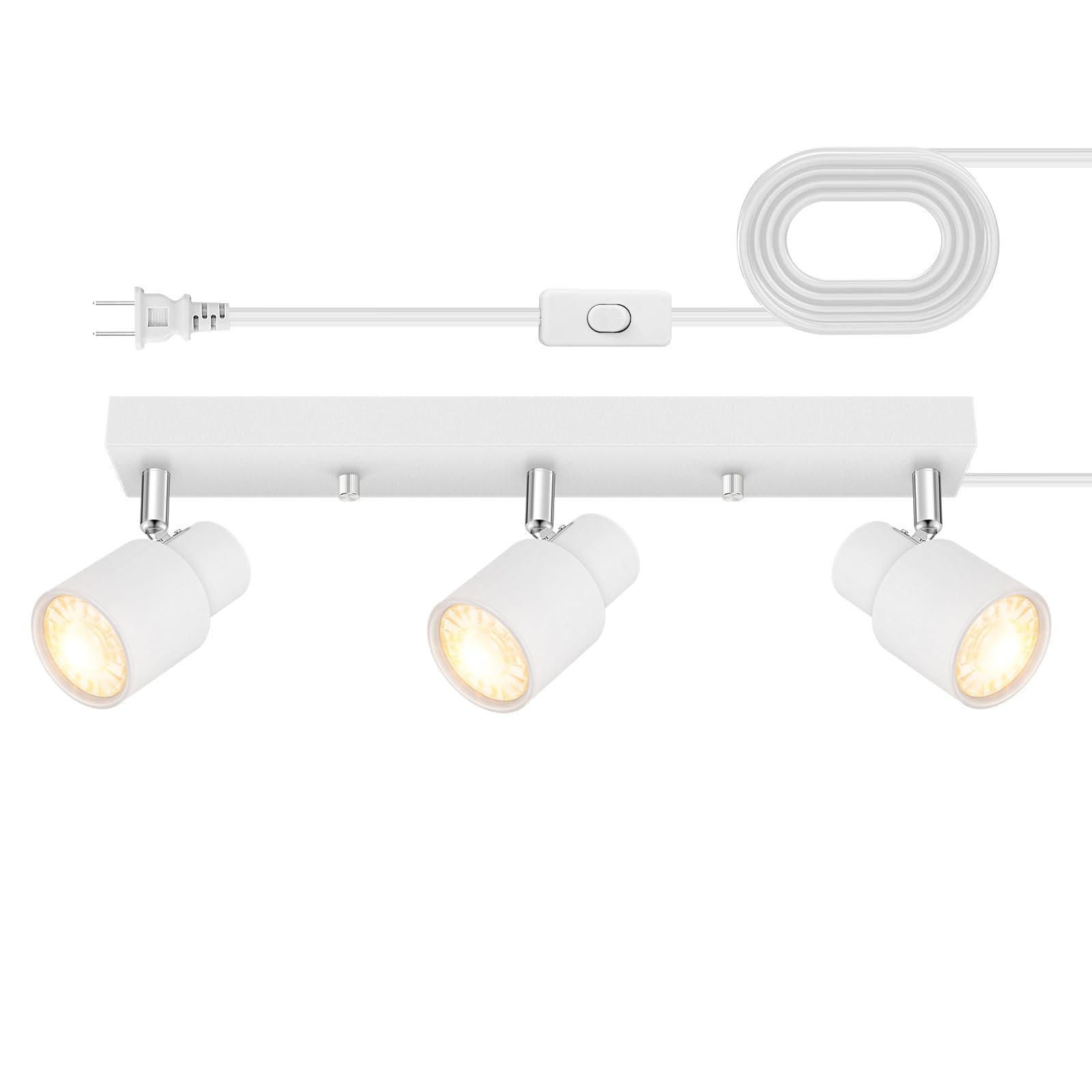 LED Plug-in Track Lighting Fixtures - 3-Light Ceiling Spotlight System for Kitchen & Bedroom | White Rotatable Wall Mount Heads with Cord | Perfect for Hallway & Living Room Lighting (Bulbs Not Included)
