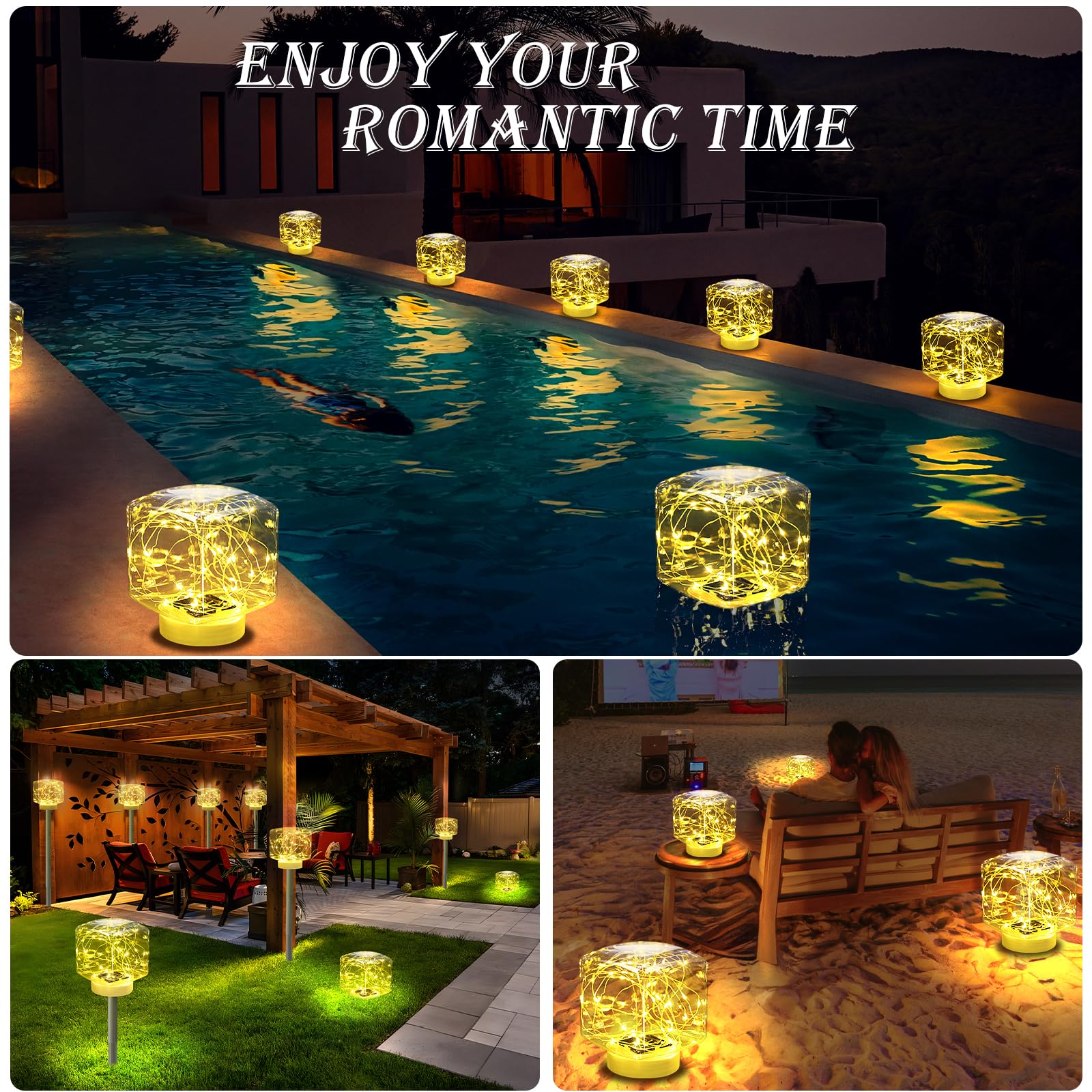 2024 Solar Pool Lights - 2 Pack Warm White Floating LED Lights, IP68 Waterproof 7