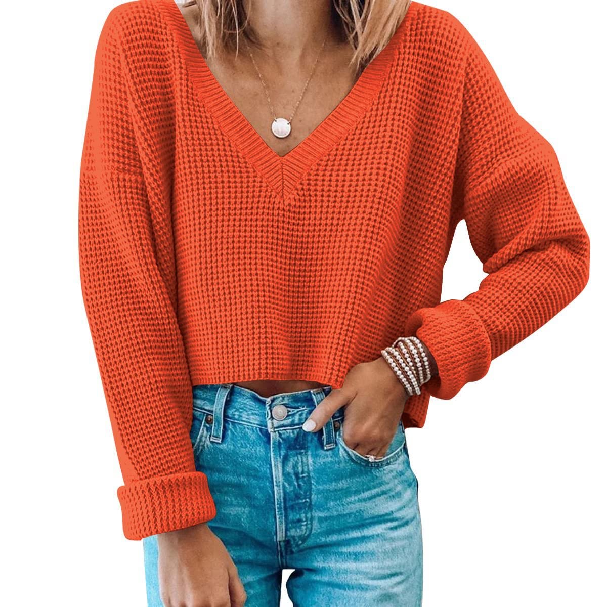 Women's Long Sleeve V-Neck Waffle Knit Crop Sweater - Casual Loose Fit Pullover Top for Fall & Winter | Perfect for Layering, Office Wear & Coffee Dates