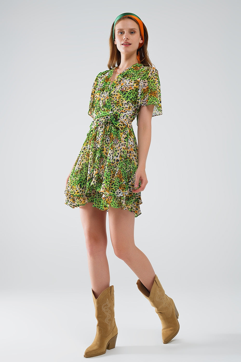 Women's Short Green Multicolor Robe with Animal Print Cross Top - Perfect for Loungewear, Beach Cover-Up, and Casual Outfits