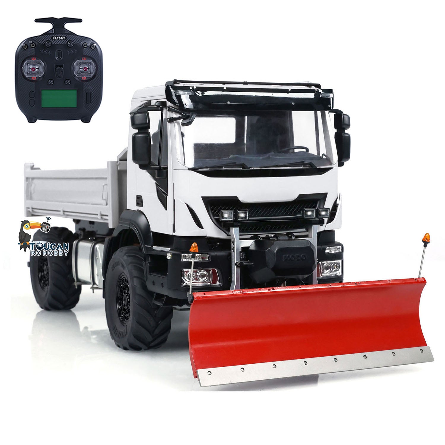1/14 Scale 4x4 Metal RC Hydraulic Dump Truck with Remote Control - Snow Plow & Tipper Function, FlySky ST8 Controller, LED Lights & Sound Effects - Perfect for Construction Play, Winter Snow Removal & Off-Road Adventure
