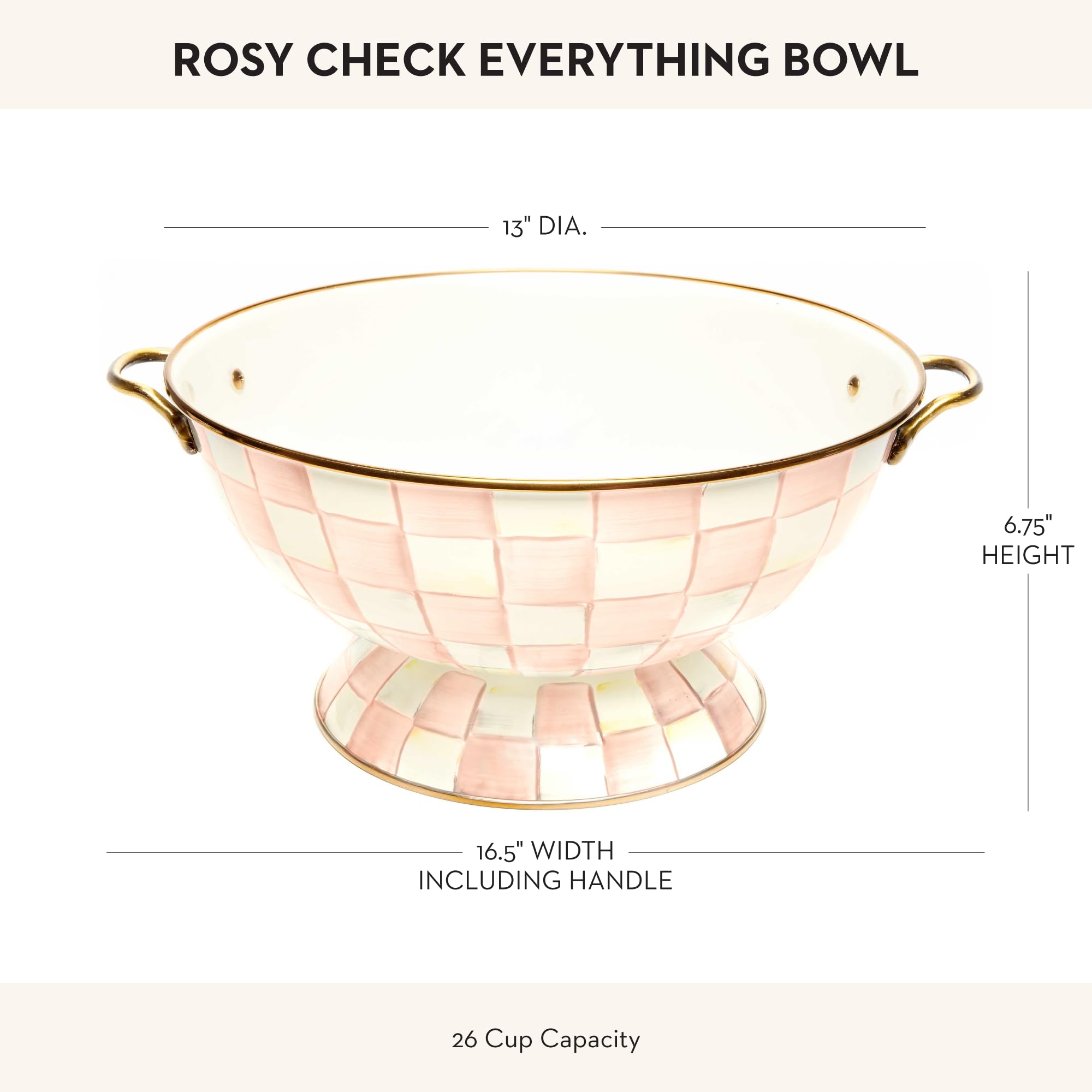 MACKENZIE-CHILDS Checkered Enamel Serving Bowl - Elegant Rosy Check Design for Entertaining, Dining & Kitchen Decor | Perfect for Salads, Snacks & Party Serving