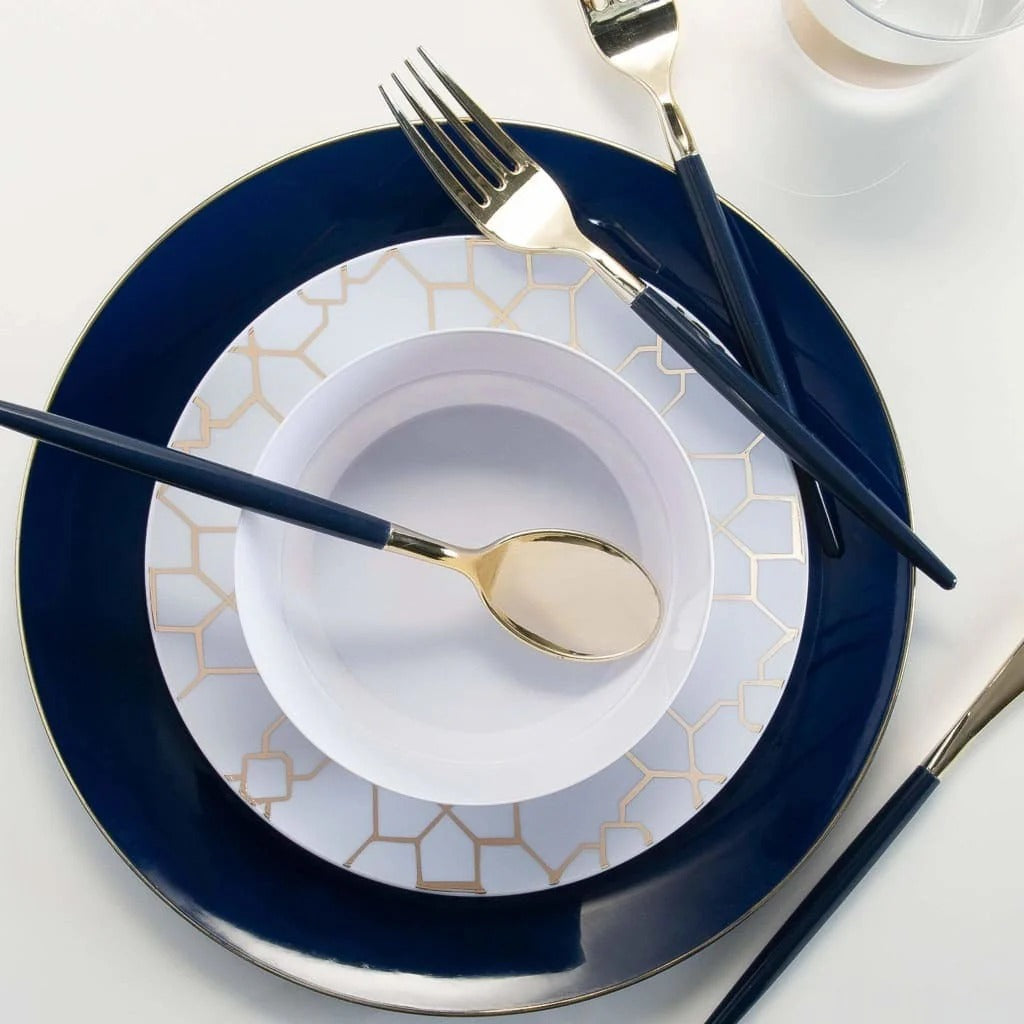 Navy Blue and Gold Rim Round Plastic Plates - Eco-Friendly Disposable Dinnerware for Parties, Picnics & Events - BPA-Free Organic Plastic Plates (Set of 10)