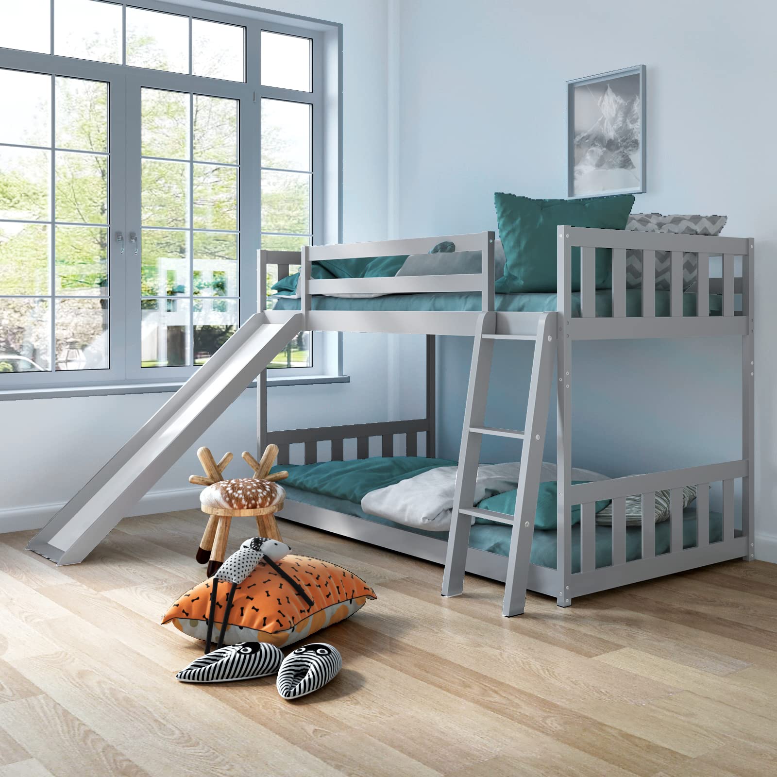 KOMFOTT Twin Over Twin Wood Bunk Bed with Convertible Slide, Inclined Ladder & Safety Guardrails - Space Saving Bed Frame for Teens, Students - Perfect for Small Bedrooms, Dorm Rooms & Kids' Rooms (Gray)