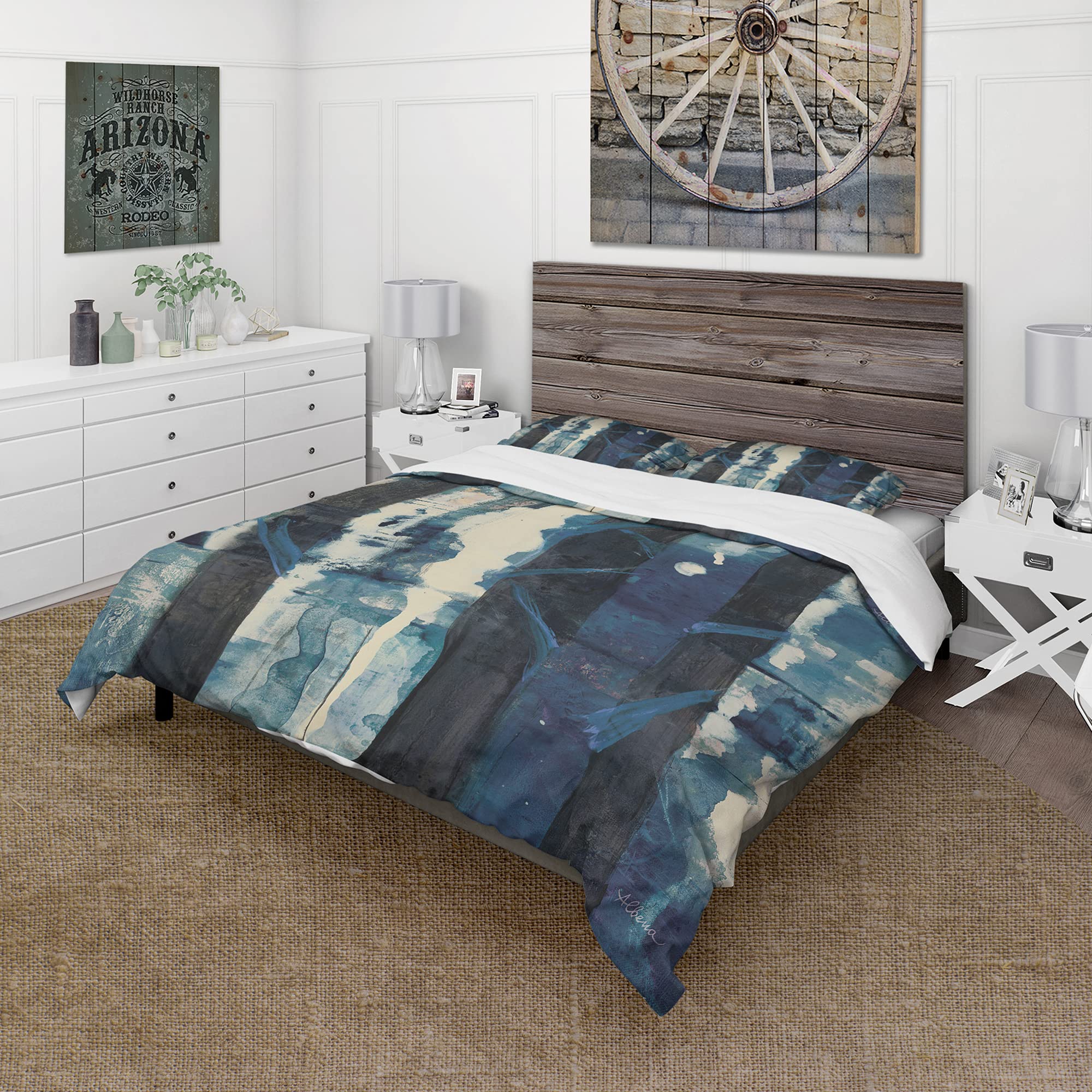 DesignQ Deep Woods II Indigo Traditional Queen Duvet Cover Set - 3 Piece Blue Country Charm Bedding for All Seasons | Perfect for Cozy Cabin Retreats & Farmhouse Style Bedrooms