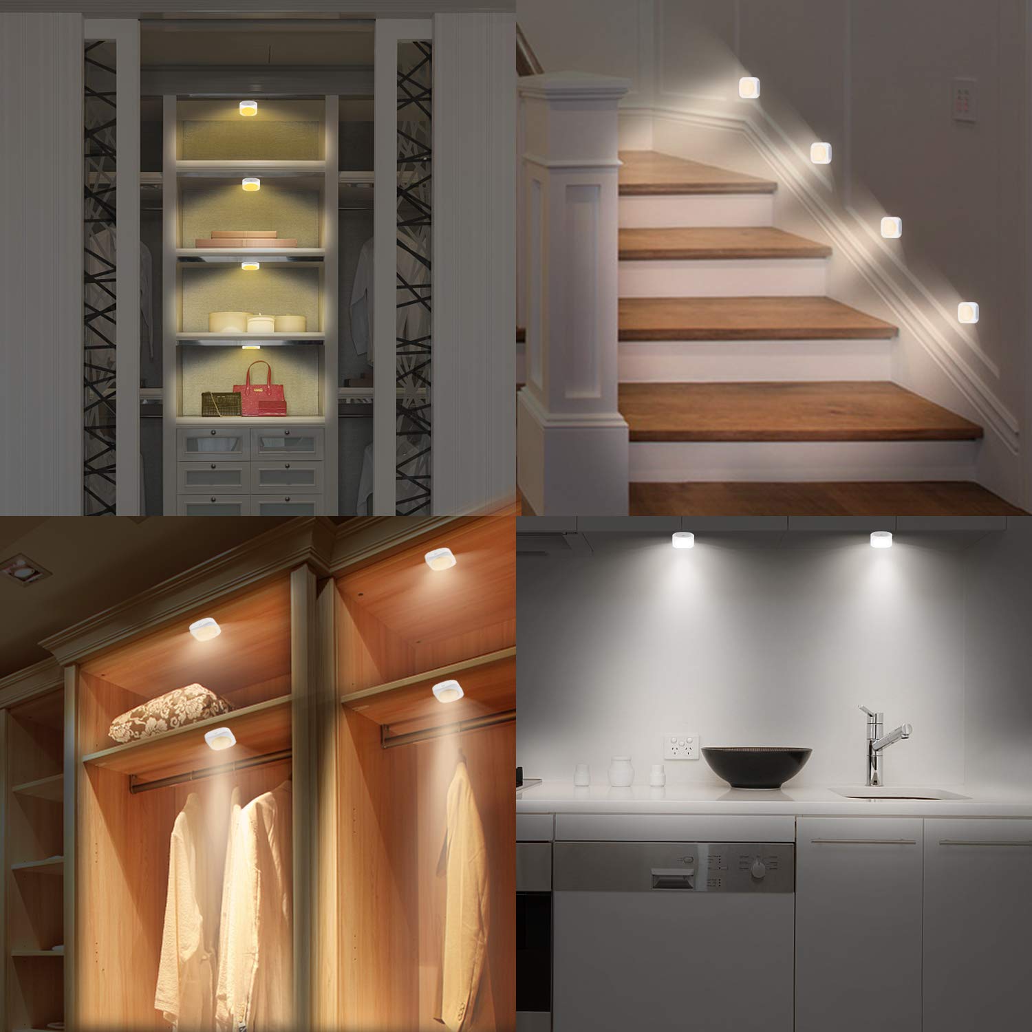 LUXSWAY Battery Operated Puck Lights - Dimmable LED Closet Lights with Remote Control, Push/Tap/Touch Night Lights for Cabinets, Counters (Nature/Warm/Cool White) | Perfect for Bedroom, Kitchen, Nursery & Storage Spaces