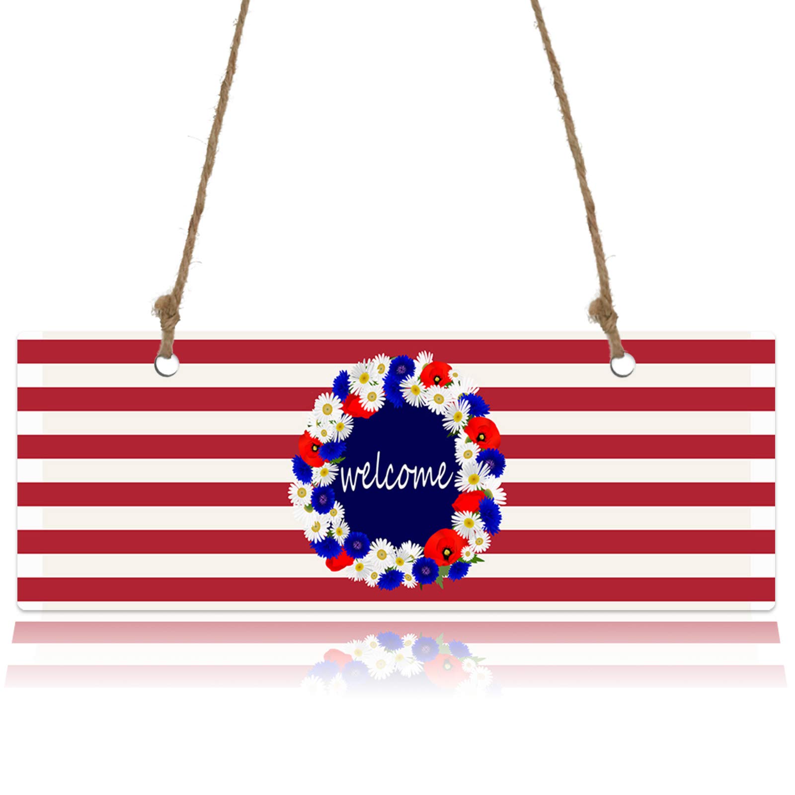 American Flag Welcome Sign for Front Door - Patriotic Independence Day Red & White Striped Flower Wreath Hanging Wooden Plaque - 11x3.9 Inch Farmhouse Decor for Porch, Entryway, or Front Door (Perfect for 4th of July, Memorial Day & Patriotic Home Decor)