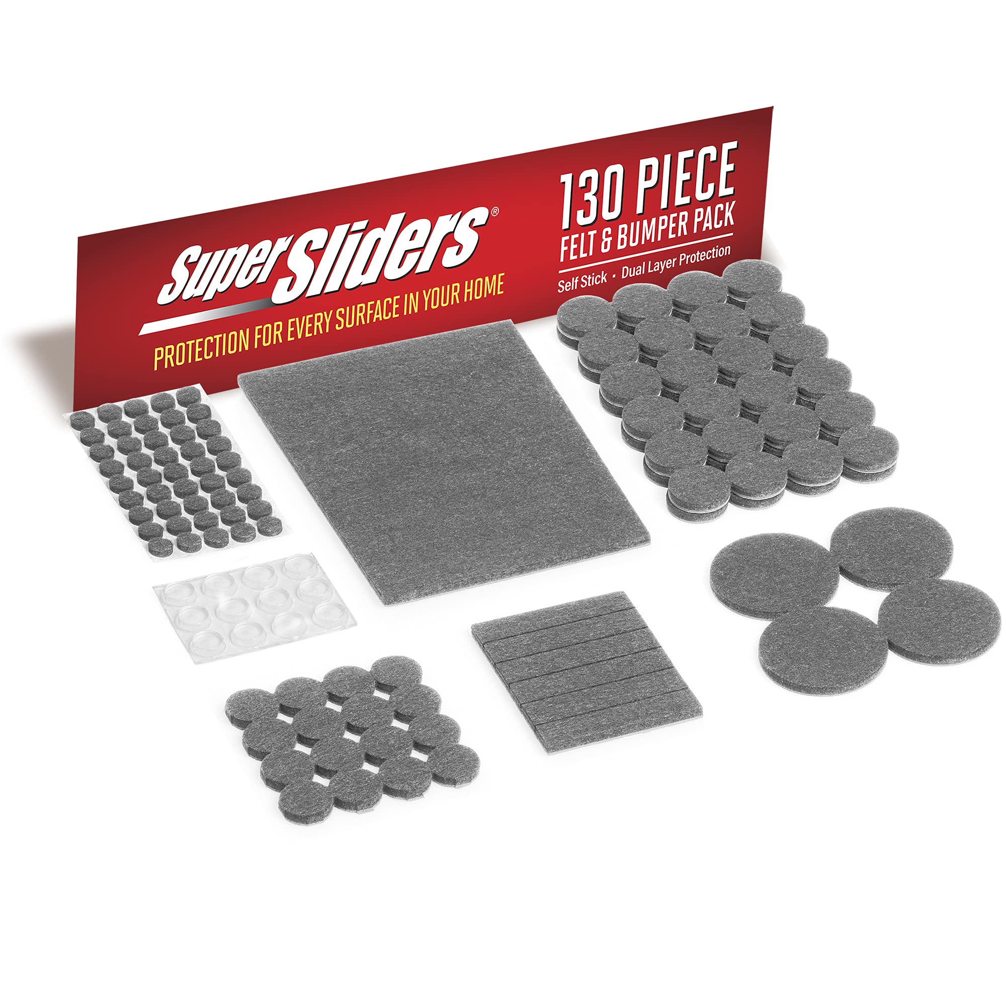 Super Sliders Self-Adhesive Furniture Felt Pads - 130 Pack for Hardwood, Tile & Laminate Floor Protection (Gray/Clear) | Prevent Scratches on Chairs, Tables & Cabinets