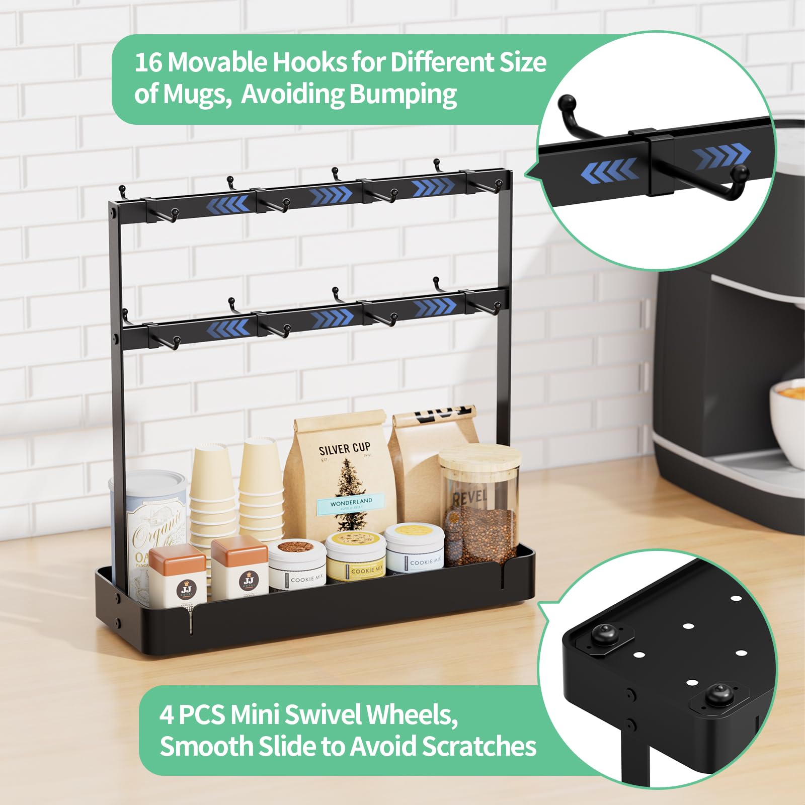 16-Hook Adjustable Metal Coffee Mug Holder - 2-Tier Countertop Cup Rack with Storage Shelf for Kitchen & Office - Perfect for Organizing Mugs, Cups, and Small Kitchen Accessories