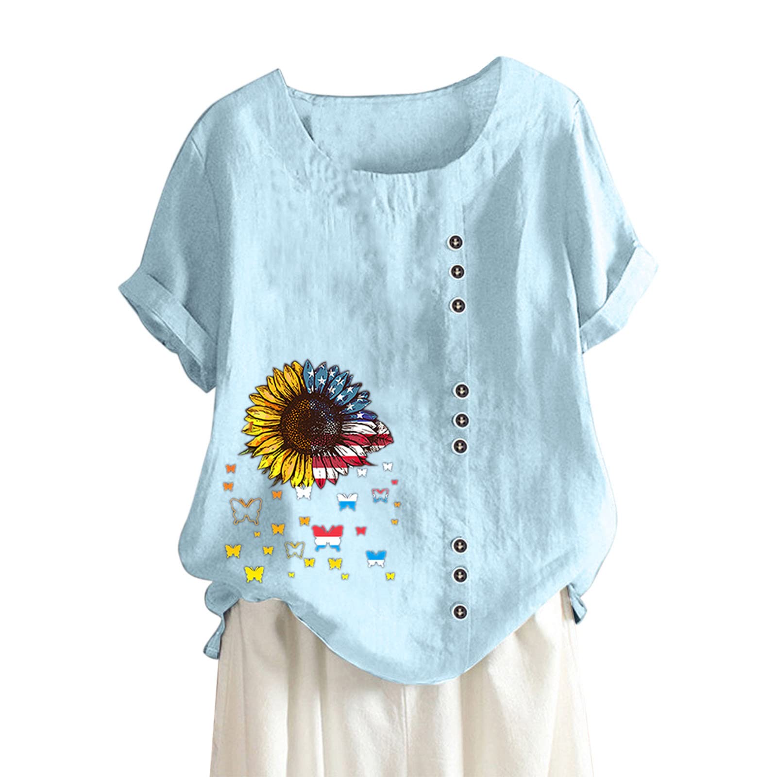 Women's Floral Printed Cotton Linen Short Sleeve Tunic Blouse - Summer Casual Loose Fit Crew Neck Top for Beach, Vacation & Everyday Wear