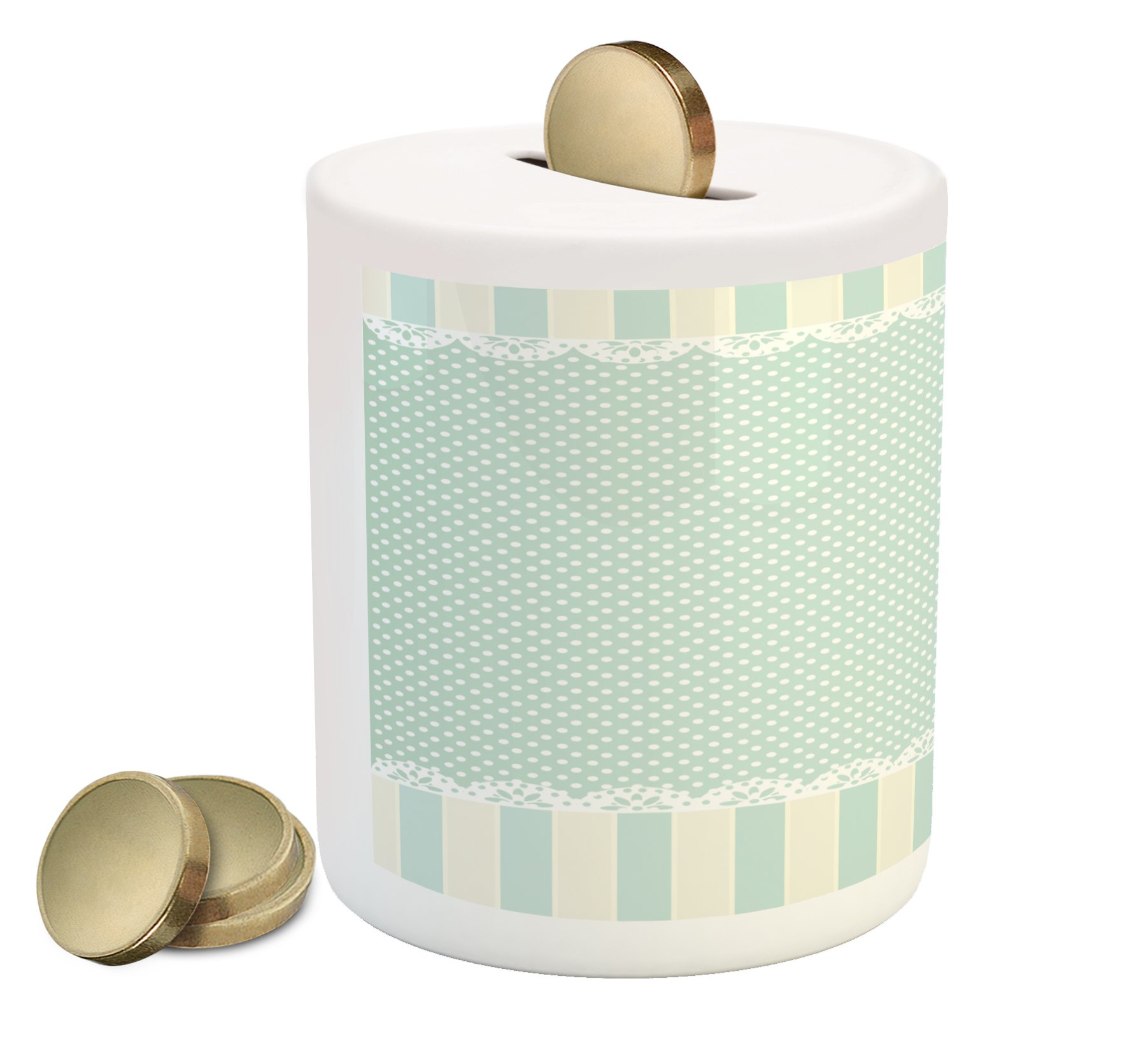 Ambesonne Ceramic Piggy Bank - Shabby Chic Floral Design with Vintage Stripes & Dots - Money Saving Coin Bank in Almond Green & Cream White - Perfect for Kids' Savings, Home Decor & Gift Giving