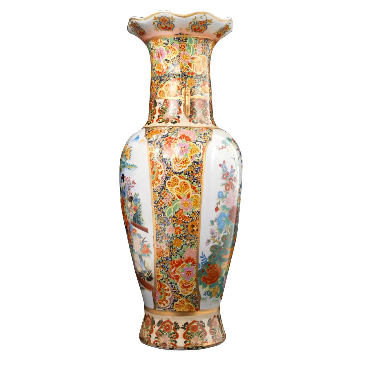 Japanese Satsuma Fluted Vase with Handles - Antique Oriental Ceramic Vase for Home Decor, Wedding Centerpiece & Gift Idea