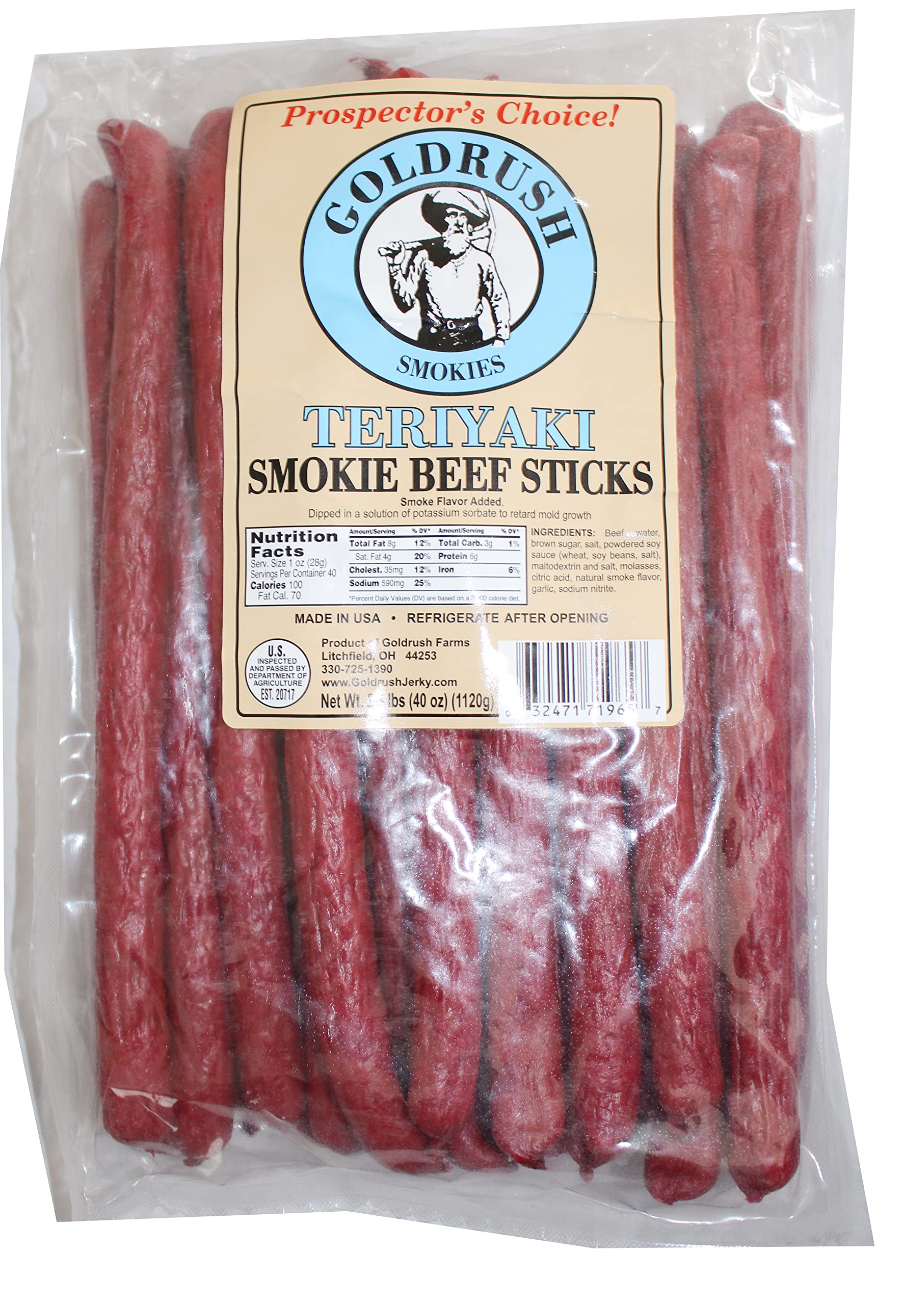 Premium Gold Rush Teriyaki Meat Sticks - Smoky Beef Jerky Snacks (2.5 lb) - High Protein Keto-Friendly Snacks for Camping, Hiking & Road Trips