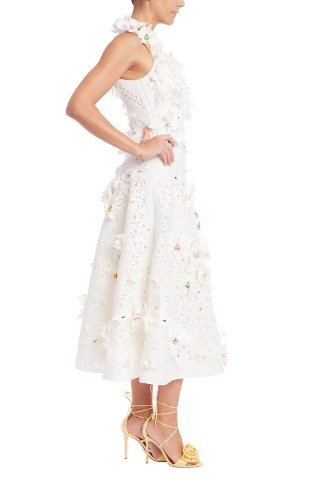 Badgley Mischka Women's Sleeveless Floral Applique Midi Dress - Elegant Cocktail Party & Wedding Guest Attire