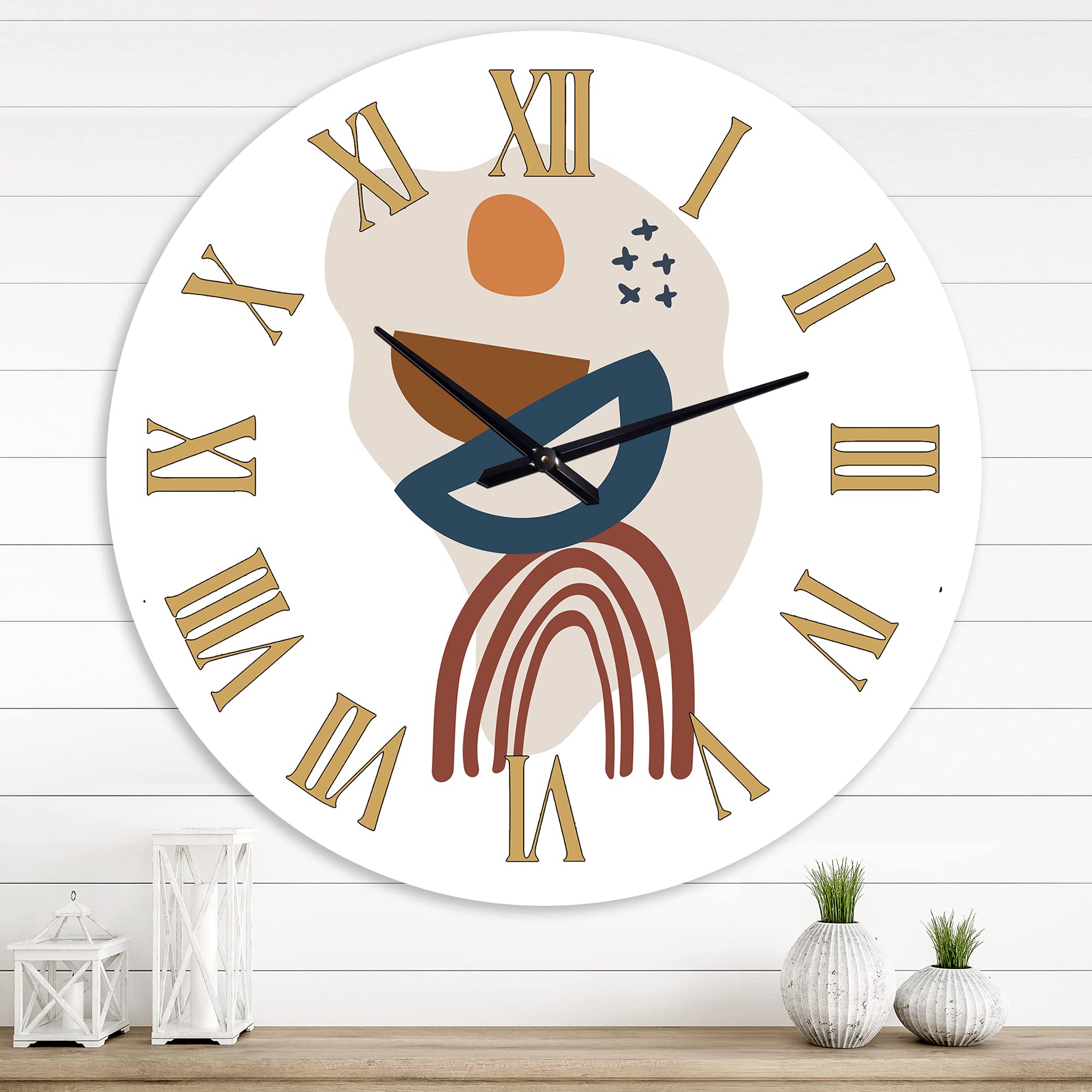 DesignQ Modern Wall Clock - Elementary Shapes in Terracotta Tones I - Large Floral & Botanical Wall Art for Living Room, Bedroom & Office Decor - Perfect for Home, Office & Gift Giving