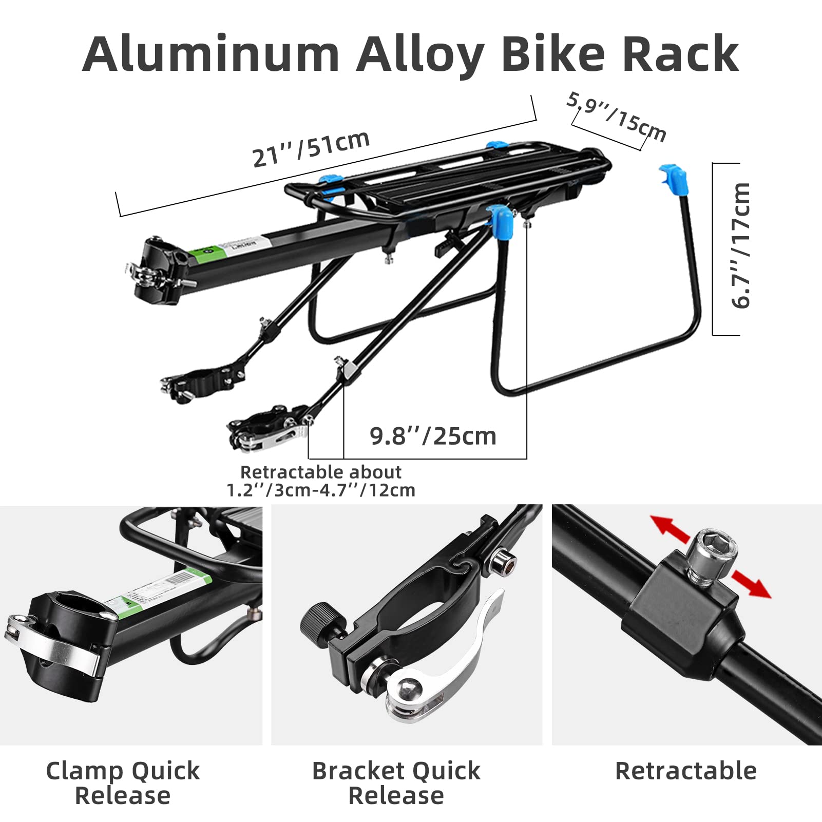 ROCKBROS Quick Release Aluminum Alloy Rear Bike Rack - Lightweight Cargo Carrier for Mountain Bikes & Commuter Bikes | Perfect for Grocery Shopping, Camping Gear & Daily Commute