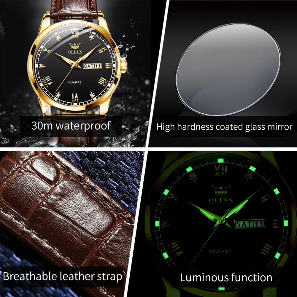 OLEVS Men's Brown Leather Watch - Rose Gold Quartz, Waterproof & Luminous for Dress & Daily Use