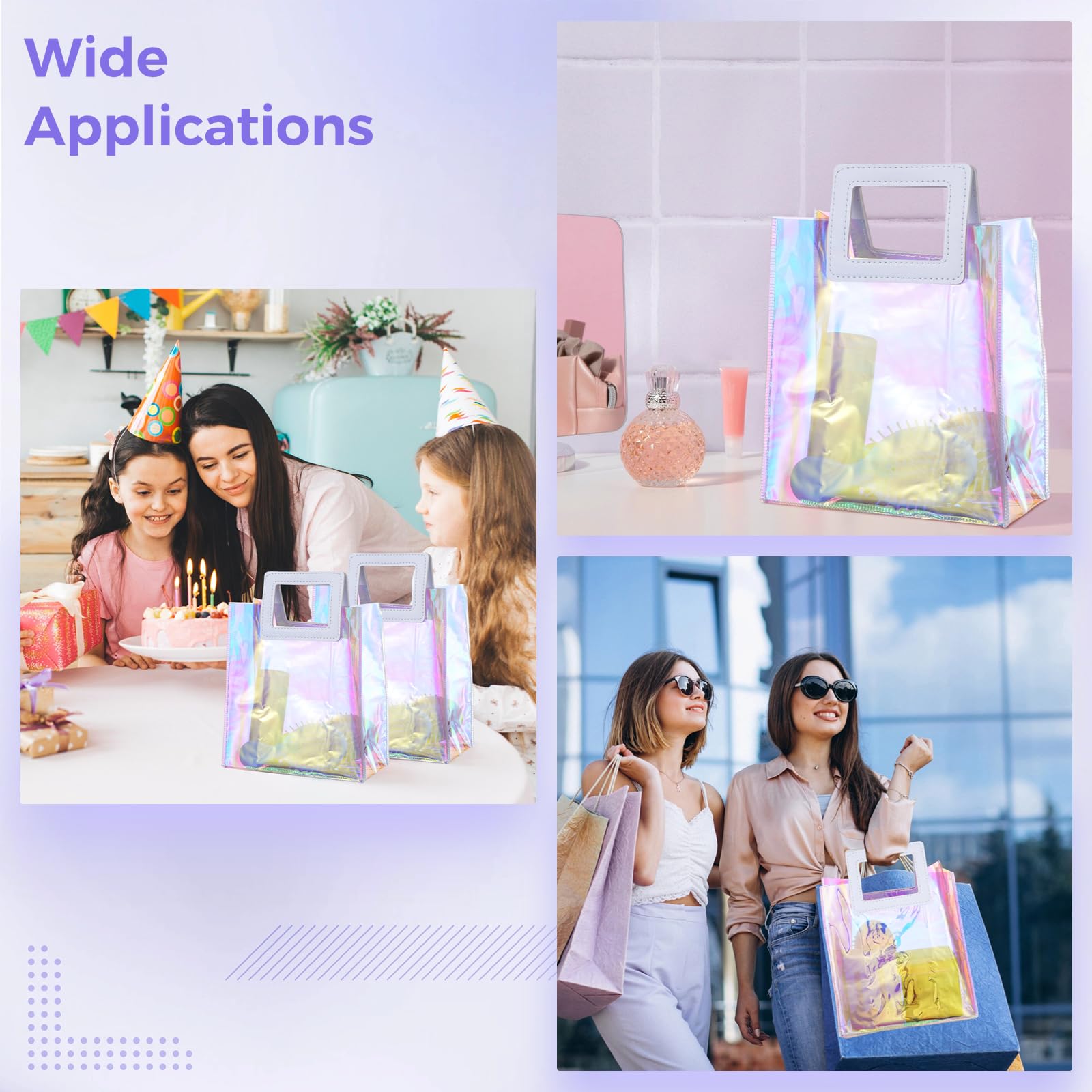 20 Pcs Holographic Tote Bags - 7''x4''x8'' Clear PVC Reusable Bags with Handles, Iridescent Gift Bags for Women & Girls, Perfect for Wedding, Party, Shopping & Everyday Use
