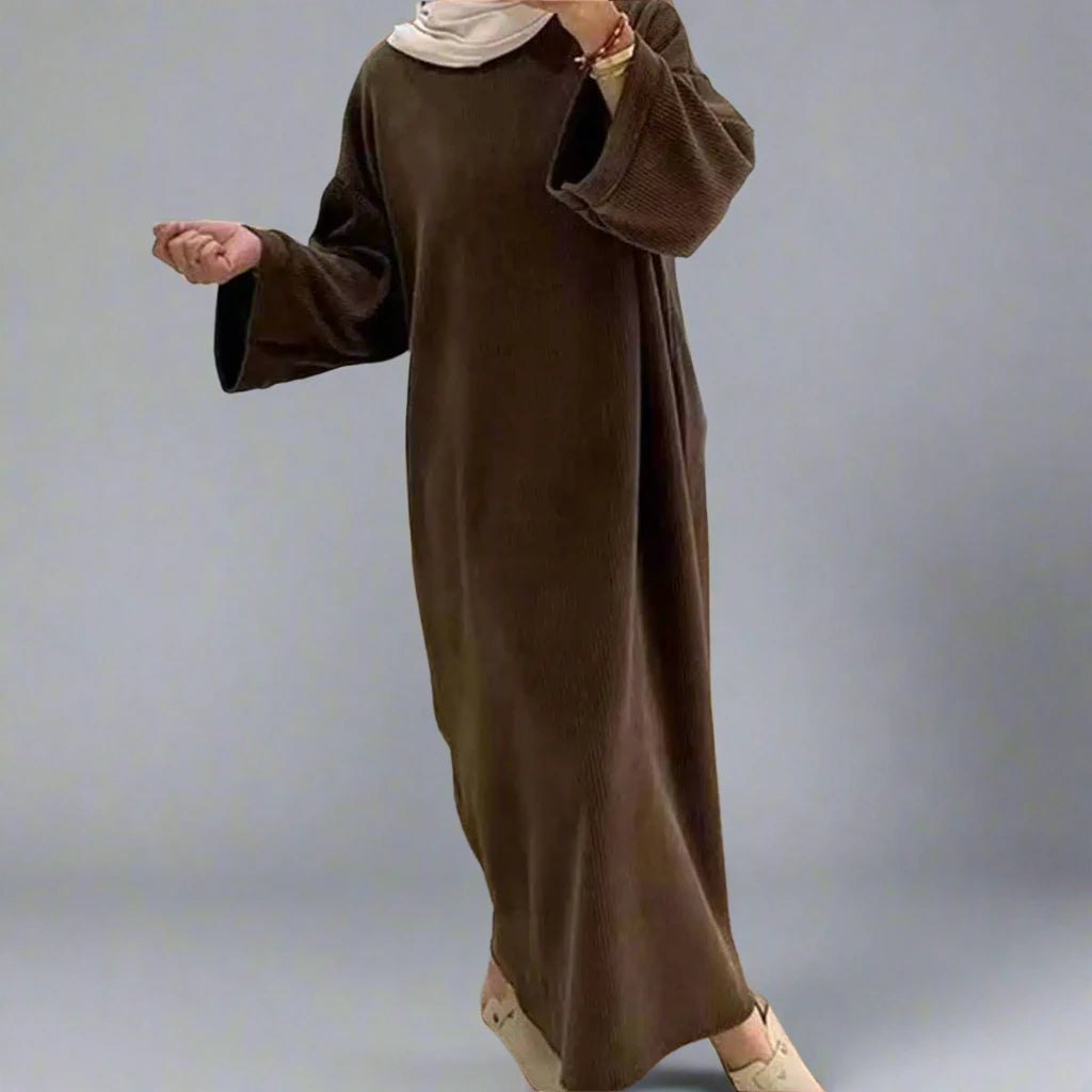 Thick Winter Fall Corduroy Abaya Dress with Pockets - Modest Long Dress for Muslim Women - Perfect for Prayer, Mosque, and Everyday Wear