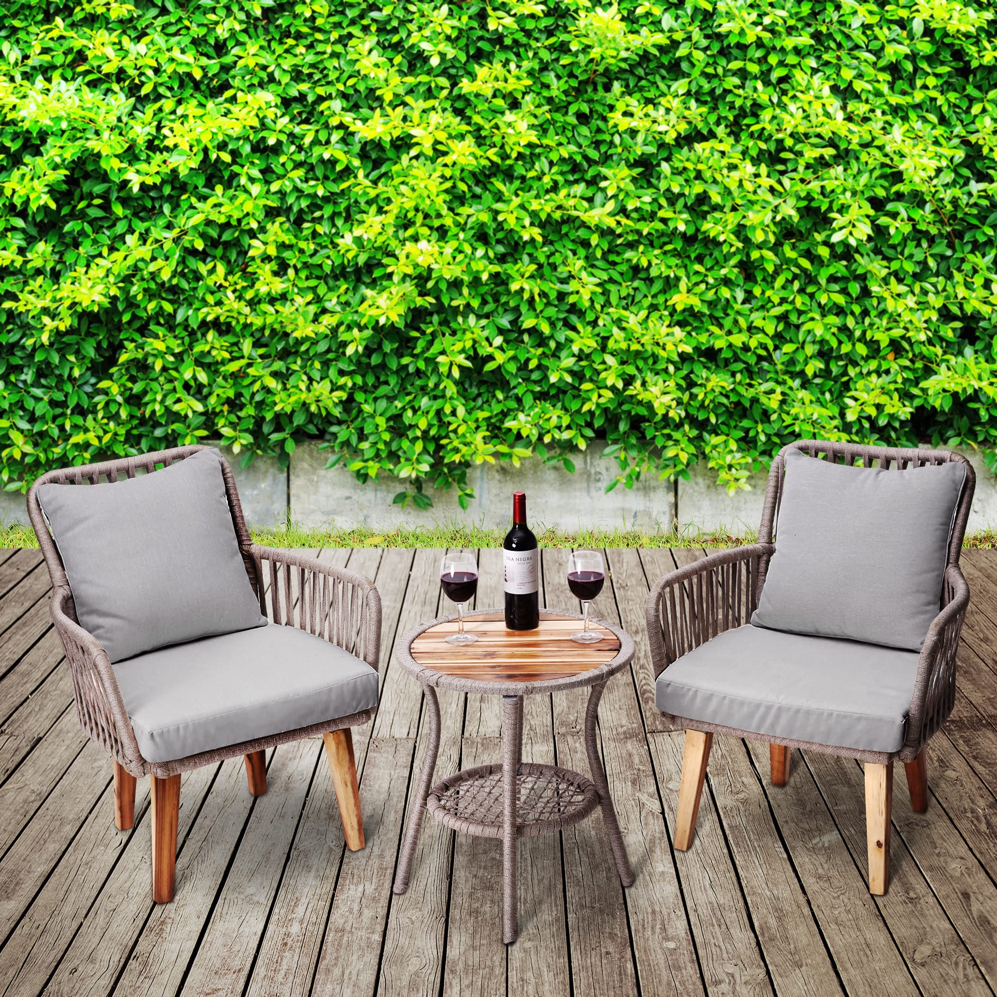 Teamson Home 3-Piece Wicker Bistro Set with Wooden Side Table & 2 Aluminum Frame Chairs - Weather-Resistant Cushions for Outdoor Patio, Garden, Backyard & Deck - Perfect for Relaxing, Dining & Entertaining Guests (Tan)