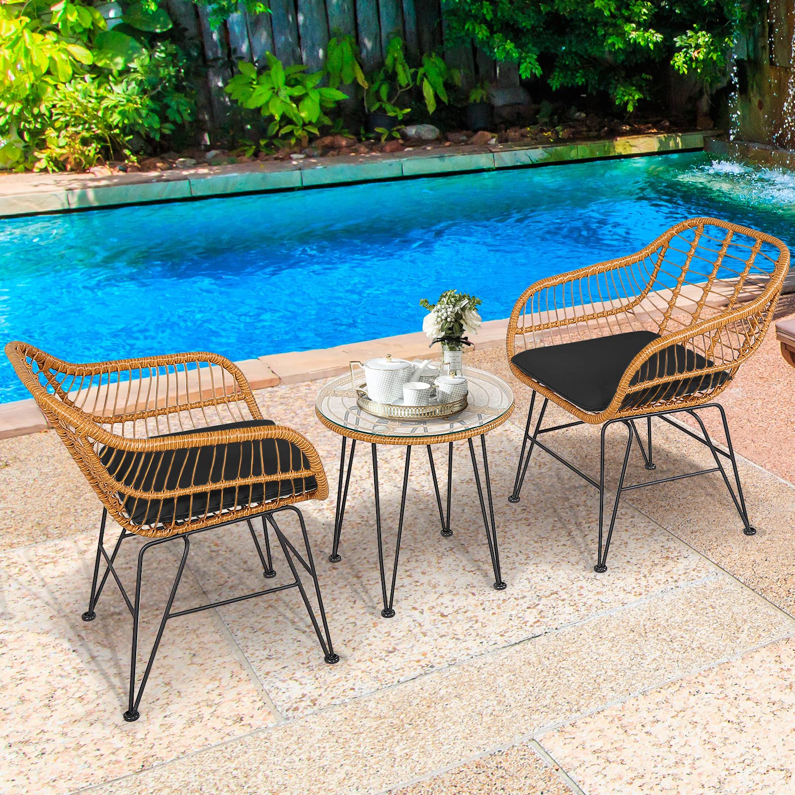 **HAPPYGRILL 3-Piece Rattan Bistro Set with Steel Frame, Round Coffee Table & Soft Cushions - Outdoor Patio Furniture for Garden, Balcony, or Poolside Relaxation**