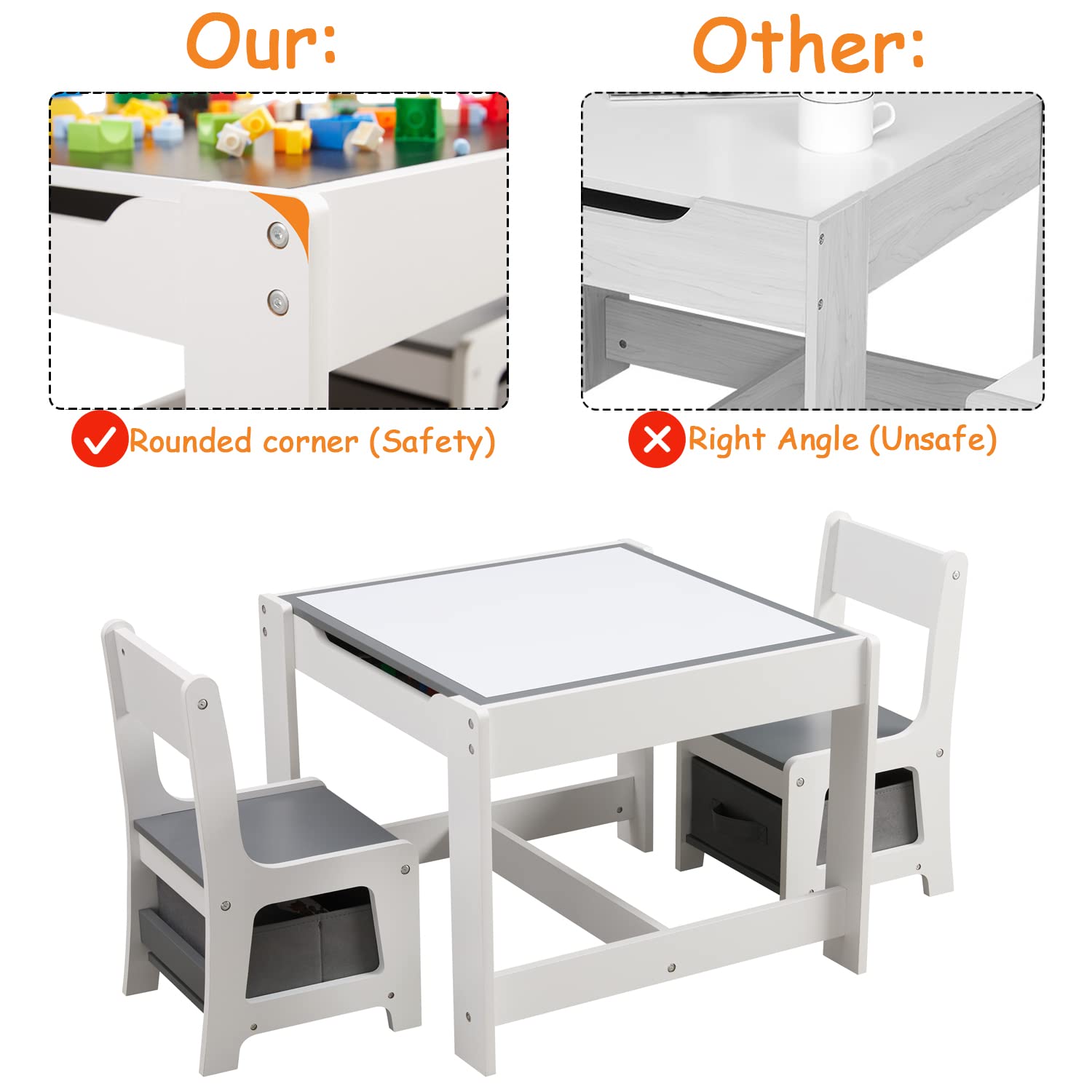 3-in-1 Wooden Kids Table and Chair Set with Storage Drawer - Toddler Activity Table for Drawing, Reading & Crafts - 2-in-1 Detachable Tabletop - Perfect for Nursery, Playroom & Homeschooling
