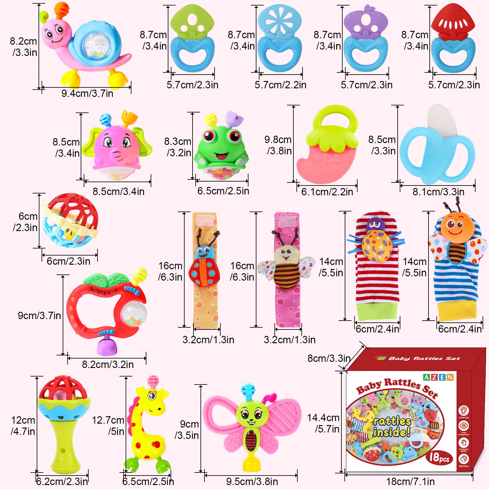 AZEN 18Pcs Baby Toys Set for 0-12 Months - Soft Infant Rattles, Teethers & Sensory Toys for Newborns - Perfect Baby Shower Gift for Boys & Girls - Great for Playtime, Learning & Early Development