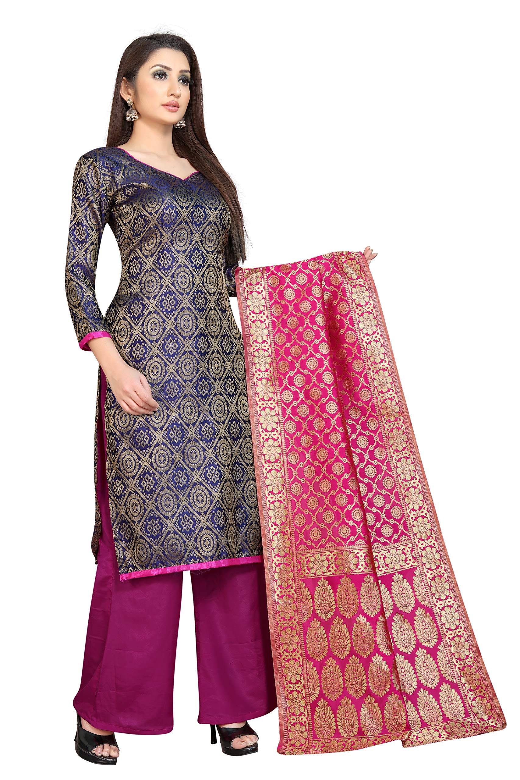 Women's Semi Cotton Floral Print Navy Blue & Hot Pink Salwar Kameez Suit - Elegant Indian Ethnic Wear for Parties, Weddings & Festive Occasions
