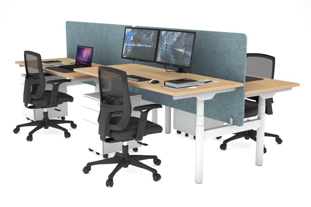Flexi Premium Height Adjustable 4-Person H Bench Workstation - White Frame [1400L x 700W] - Ergonomic Office Desk for Collaborative Workspaces & Coworking Environments