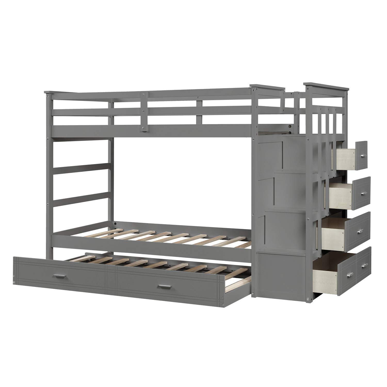 Kids Twin Over Twin Bunk Bed with Trundle - Solid Wood Bunk Bed Frame with Staircase, 4 Storage Drawers & Safety Guardrails - No Box Spring Needed (Gray) - Perfect for Small Bedrooms, Guest Rooms & Kids' Shared Spaces