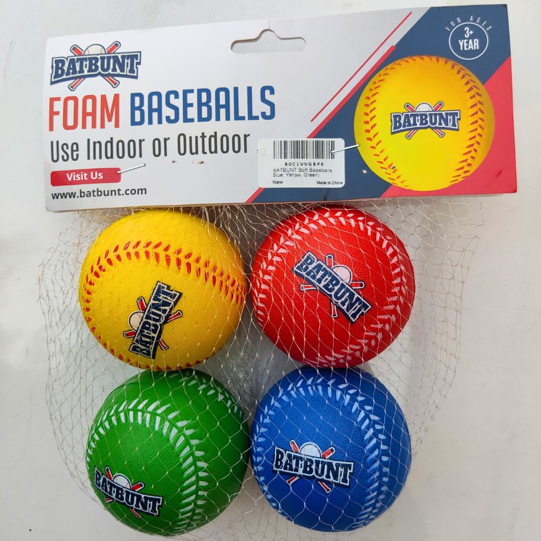 Soft Foam Baseballs for Kids & Teens - 4 Pack Training Balls (Red, Blue, Yellow, Green) | Safe Squishy Practice Baseballs for Hitting Drills, T-Ball Games & Backyard Play | Perfect for Youth Baseball Training, Batting Practice & Replacement Balls