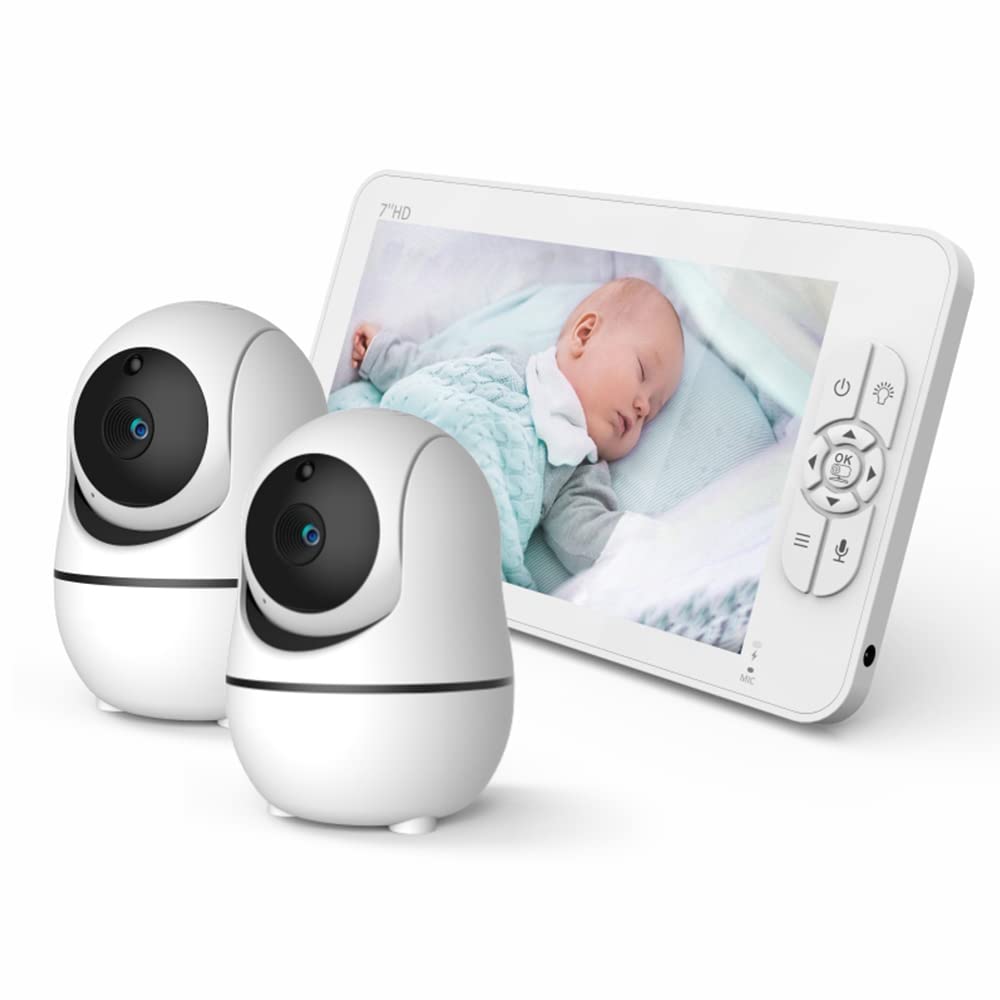 GUAZI STORE 7-inch Large Screen Baby Monitor with Camera - Split Screen, Rotating Camera, 2-Way Talk & Temperature Sensor | 2 Camera System with Auto Night Vision & Lullabies | Perfect for Nursery, Bedroom & Travel Baby Monitoring