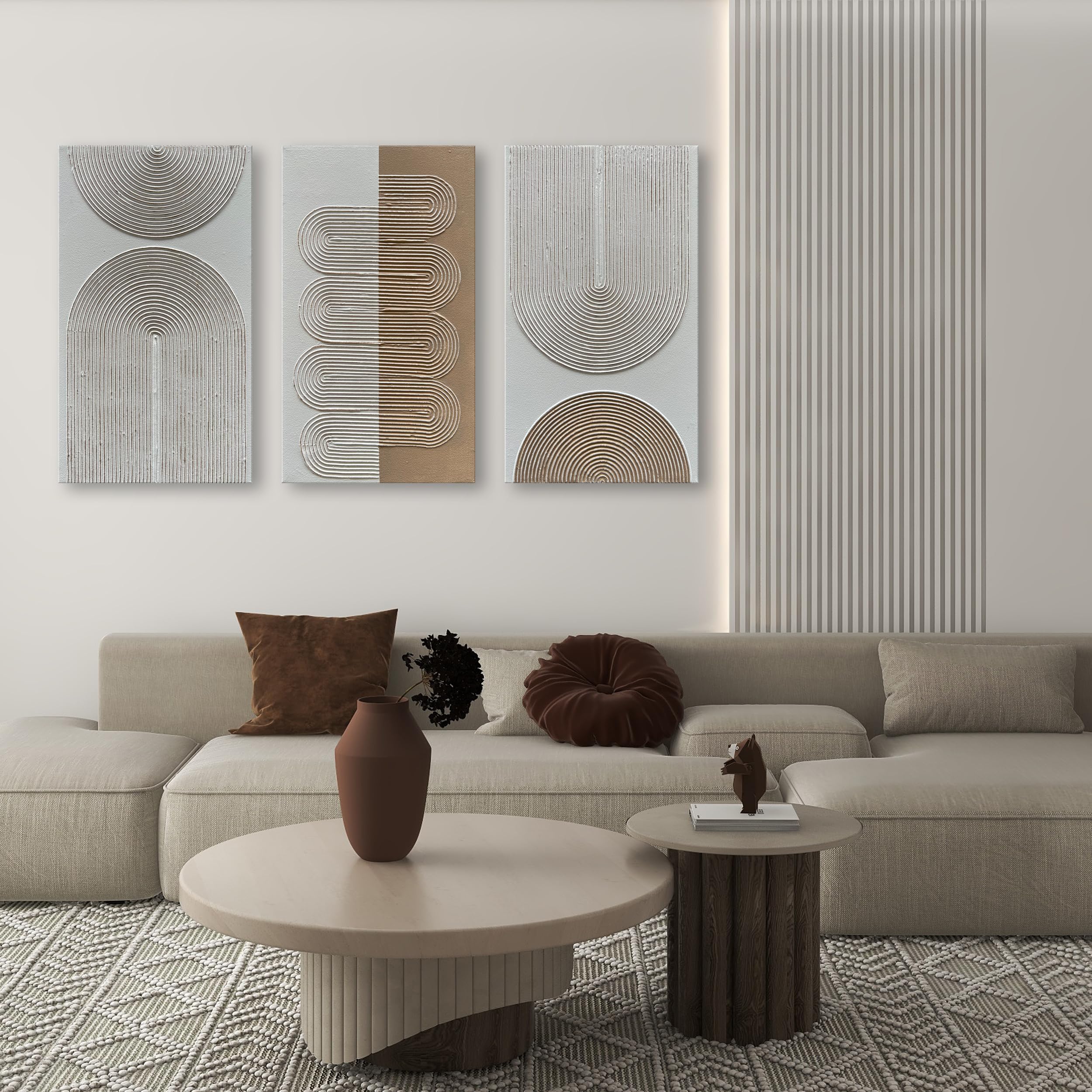 Hand-Painted Abstract Oil Painting Set of 3 - White & Brown Textured Contemporary Minimalist Wall Art (28x16 Inches) - Perfect for Living Room, Bedroom & Office Decor