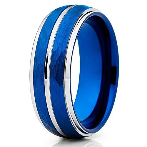 Hammered Blue Tungsten Wedding Band for Men & Women - 8mm Comfort Fit Anniversary & Engagement Ring - Durable & Scratch-Resistant Jewelry for Weddings, Proposals & Special Occasions