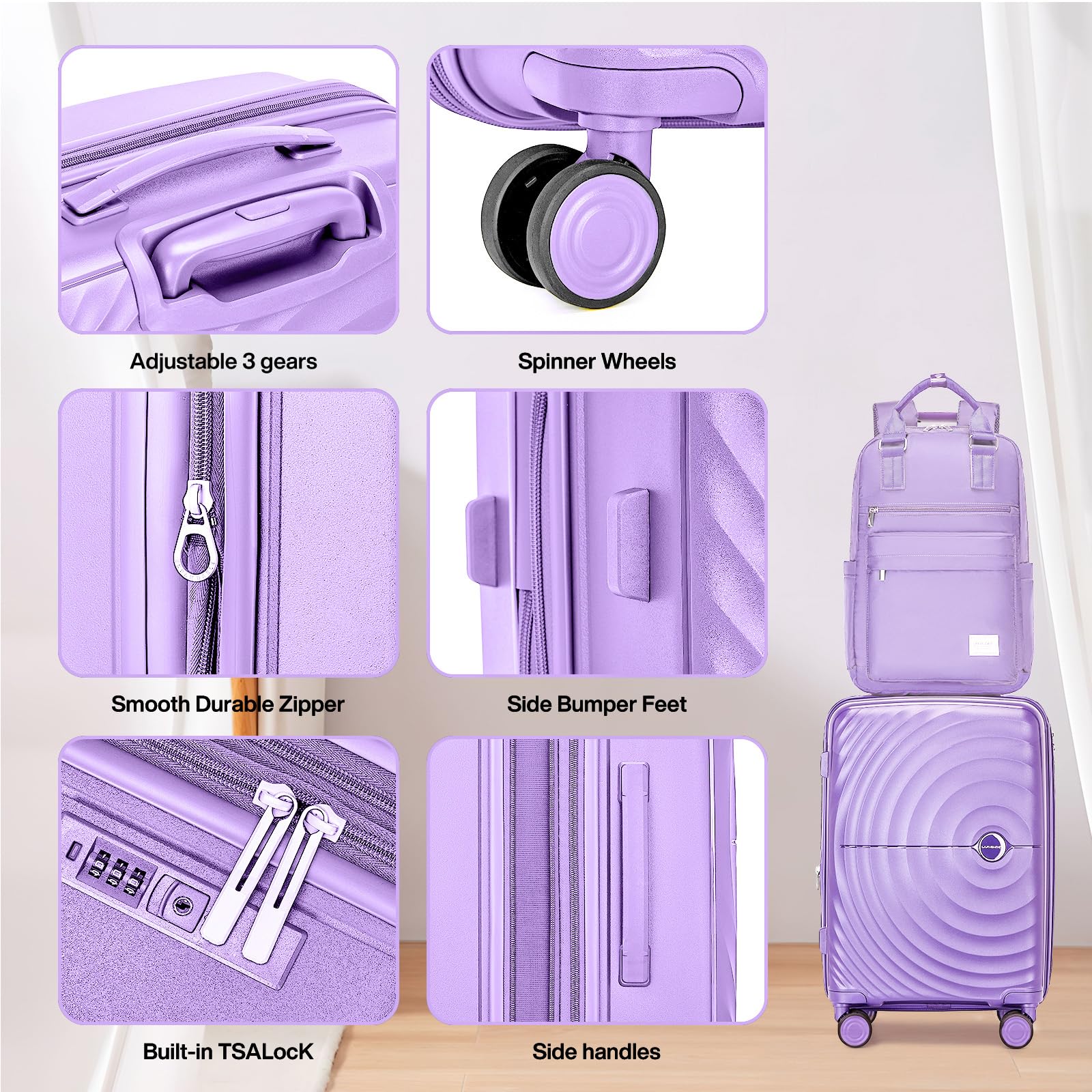 3-Piece Lavender Hardshell Luggage Set - 20in Carry-On Suitcase with Spinner Wheels & Expandable Design, Includes Travel Backpack - Perfect for Air Travel, Business Trips & Family Vacations (LAVENDER/20/BP/TB)