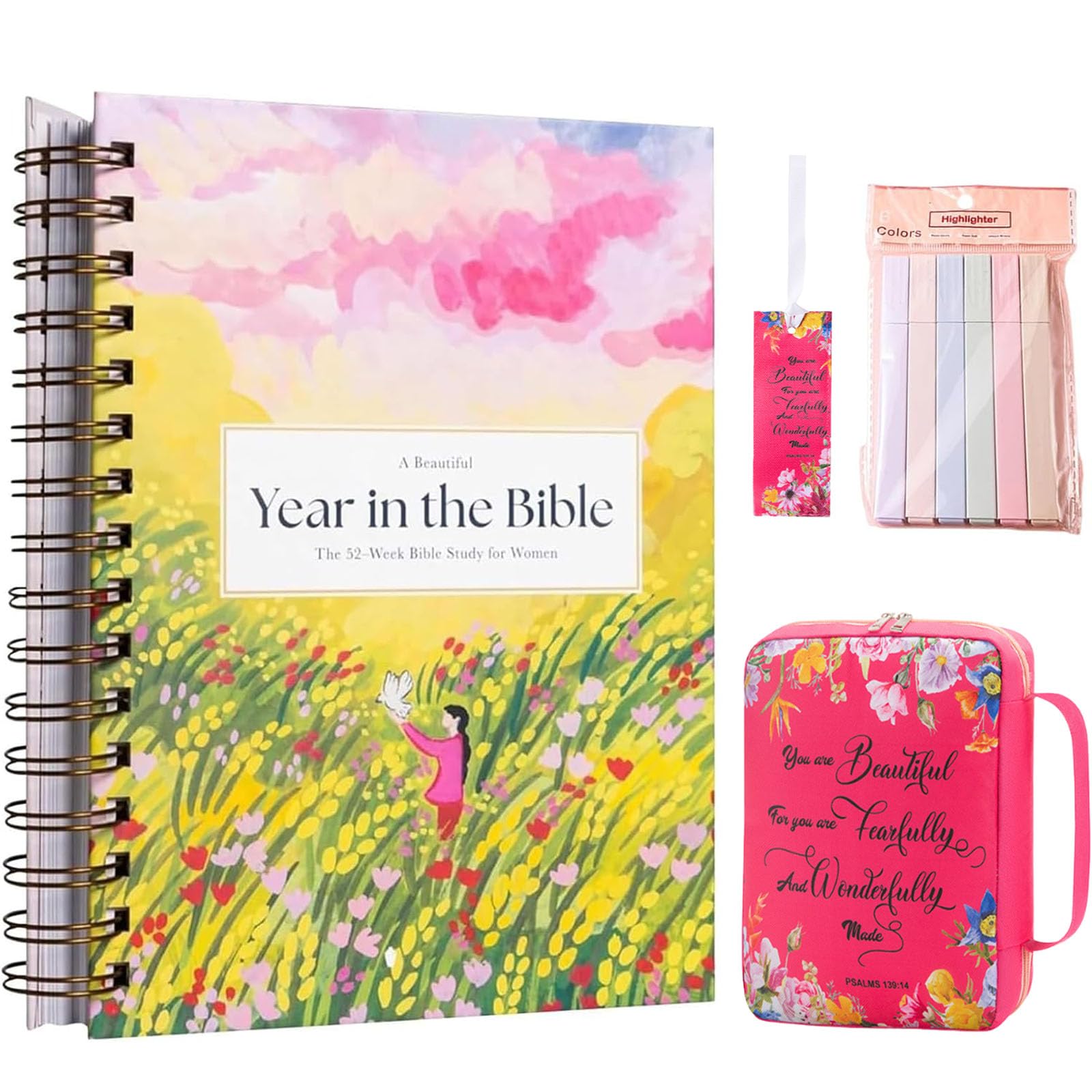 Women's Bible Cover with Bookmarks & 6-Pack Highlighters - Zippered Carrying Case & Pocket for Church, Travel & Daily Devotion (Pink)