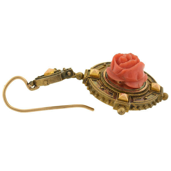 18K Gold Victorian Style Carved Coral Rose Earrings & Brooch Pendant Set – Elegant Antique Jewelry for Weddings, Parties & Special Occasions