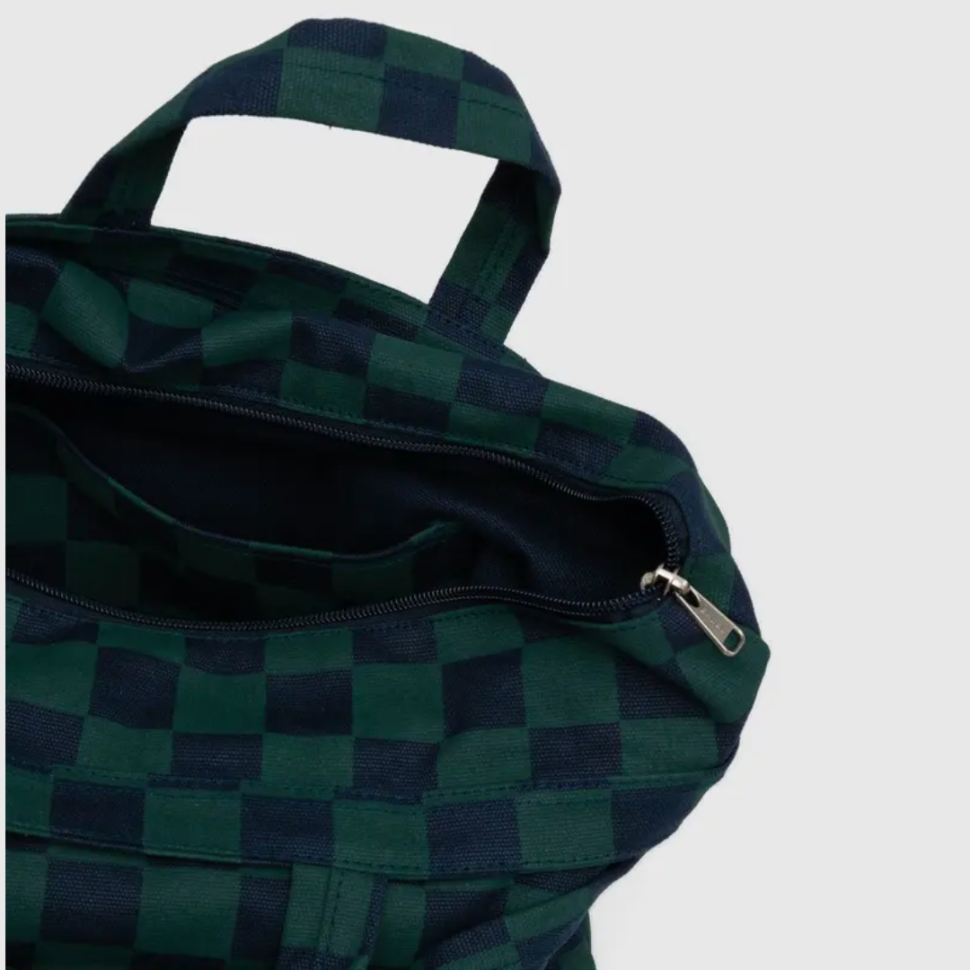 BAGGU Navy Green Check Horizontal Zip Duck Bag - Stylish & Durable Crossbody Bag for Women, Perfect for Travel, Shopping & Everyday Use