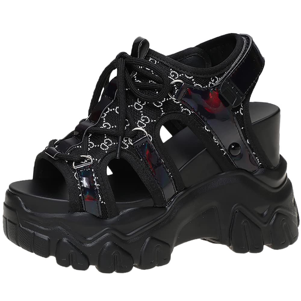 Women's Summer Wedge Sandals - Breathable Mesh Roman Platform Shoes with Cutout Design, Gothic Heels for Cosplay & Boho Fashion, Black & White Cross Strap Peep-Toe Sandals - Perfect for Parties, Festivals, and Casual Outings