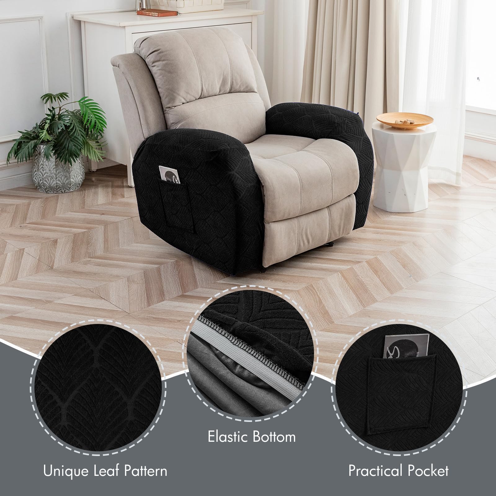 Waterproof Recliner Armrest Covers - 2 Pack Stretchable Slipcovers for Sofa & Chair Arms, Washable Pet & Kid-Friendly Furniture Protector (Black) - Perfect for Living Room, Home Theater & Family Gatherings
