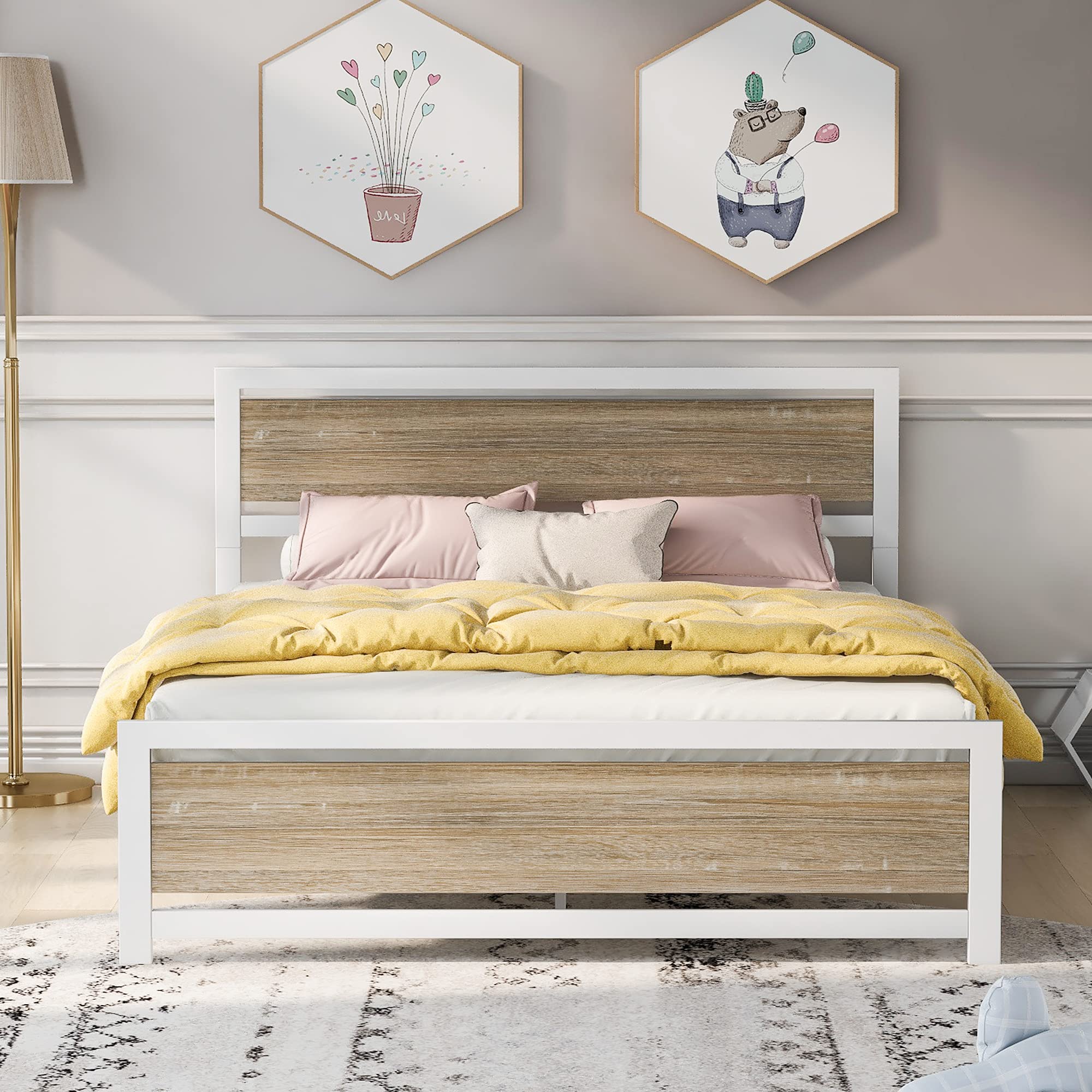 Queen Size Metal and Wood Platform Bed Frame with Headboard & Footboard - No Box Spring Needed, Easy Assembly (White) | Sturdy Modern Bedroom Furniture for Home & Guest Room