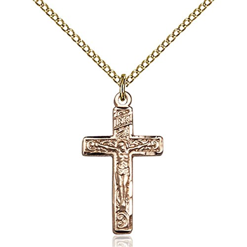 18K Gold Filled Crucifix Pendant Necklace - 1 x 0.5 Inch Religious Cross Charm with 18 Inch Gold Curb Chain - Perfect for Gifts, Baptism, First Communion & Everyday Wear