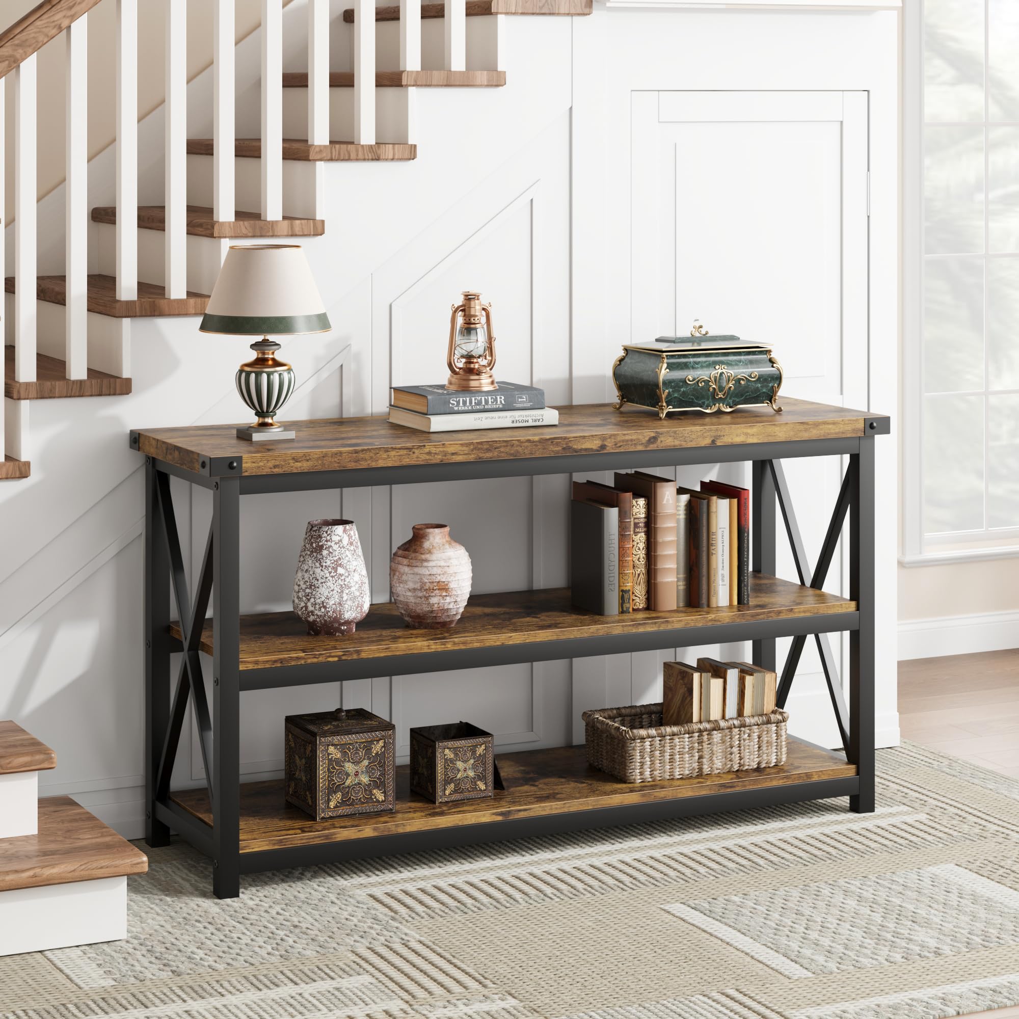 GARVEE 47.2 Inch 3-Tier Narrow Entryway Console Table with Storage Shelf | Industrial Style Wood & Metal Frame | Easy Assembly for Living Room, Hallway, Foyer & Small Spaces