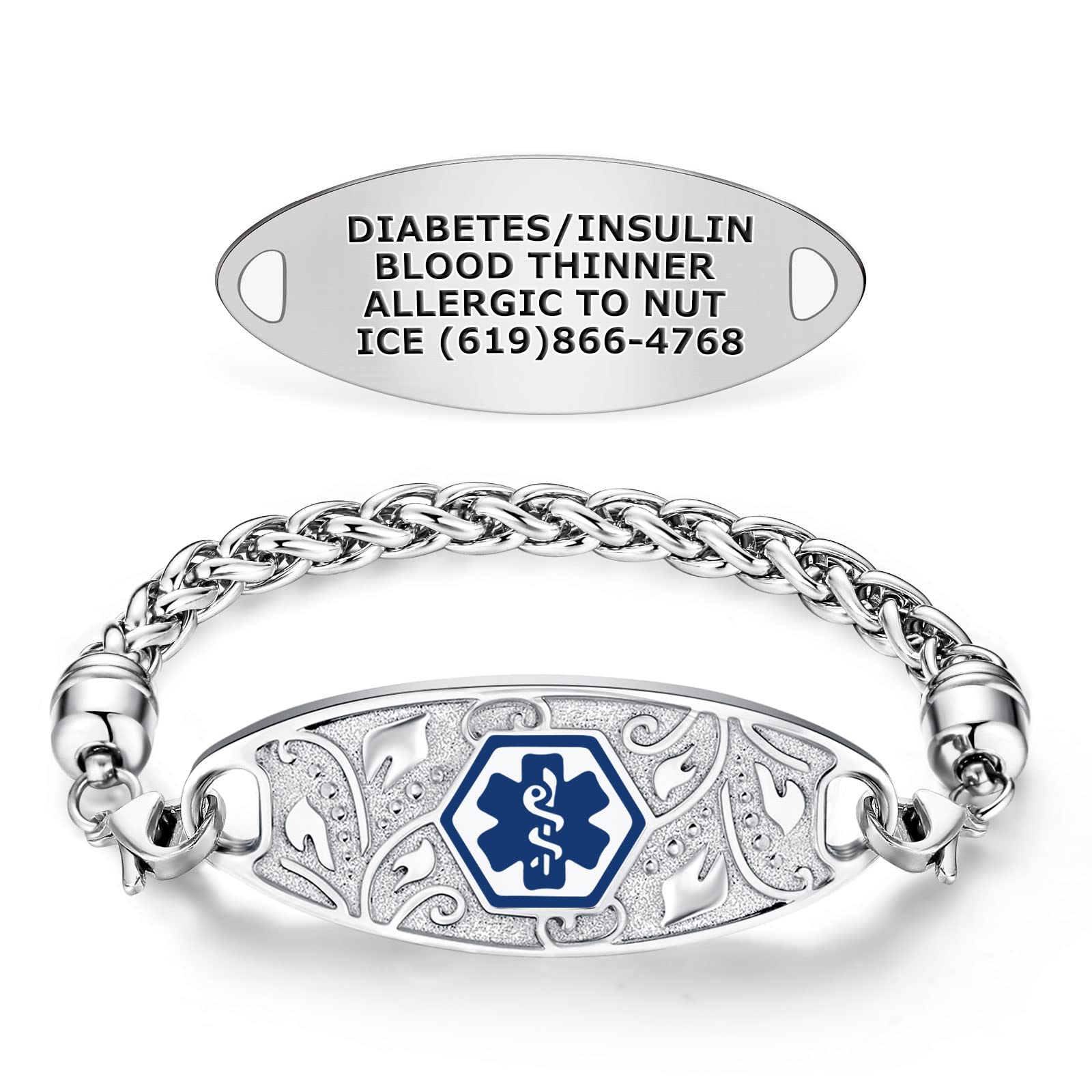 Divoti Custom Engraved Medical Alert Bracelets for Women - Stainless Steel Medical ID Bracelet with Free Engraving - Elegant Filigree Wheat Design - Perfect for Diabetes, Allergies & Emergency Identification (Multiple Colors/Sizes Available)