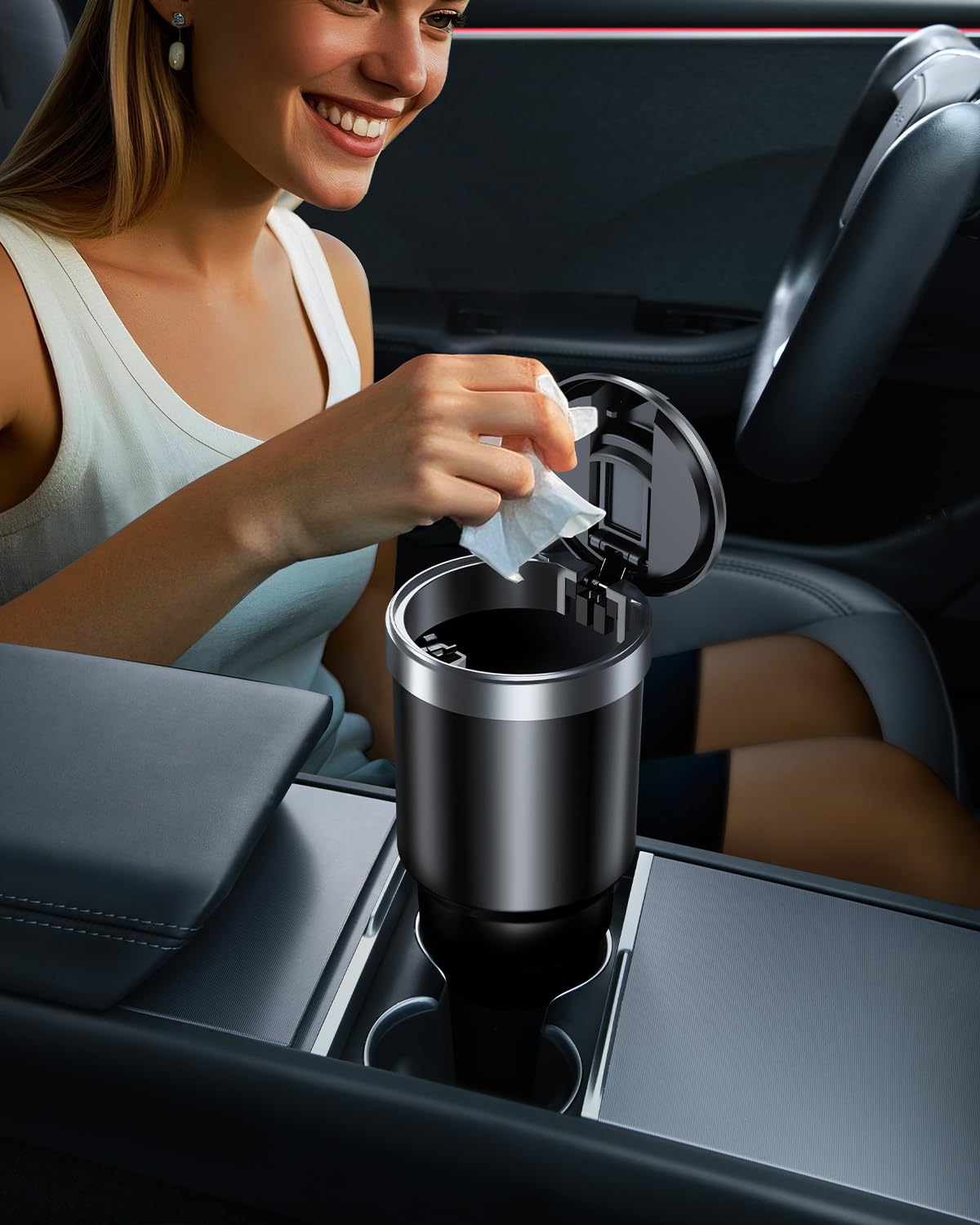Mini Car Trash Can with Lid & 45 Trash Bags - Small Cup Holder Garbage Bin for Front Seat, Vehicle Accessories for Men & Women - Perfect for Road Trips, Commuting & Keeping Your Car Clean (Black)