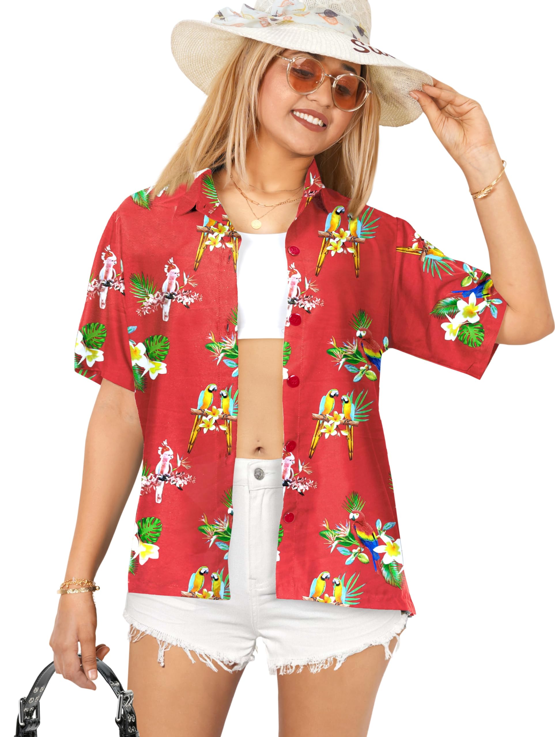 LA LEELA Women's Short Sleeve Hawaiian Shirt - Floral Print Vacation Blouse for Beach, Summer & Tropical Outfits