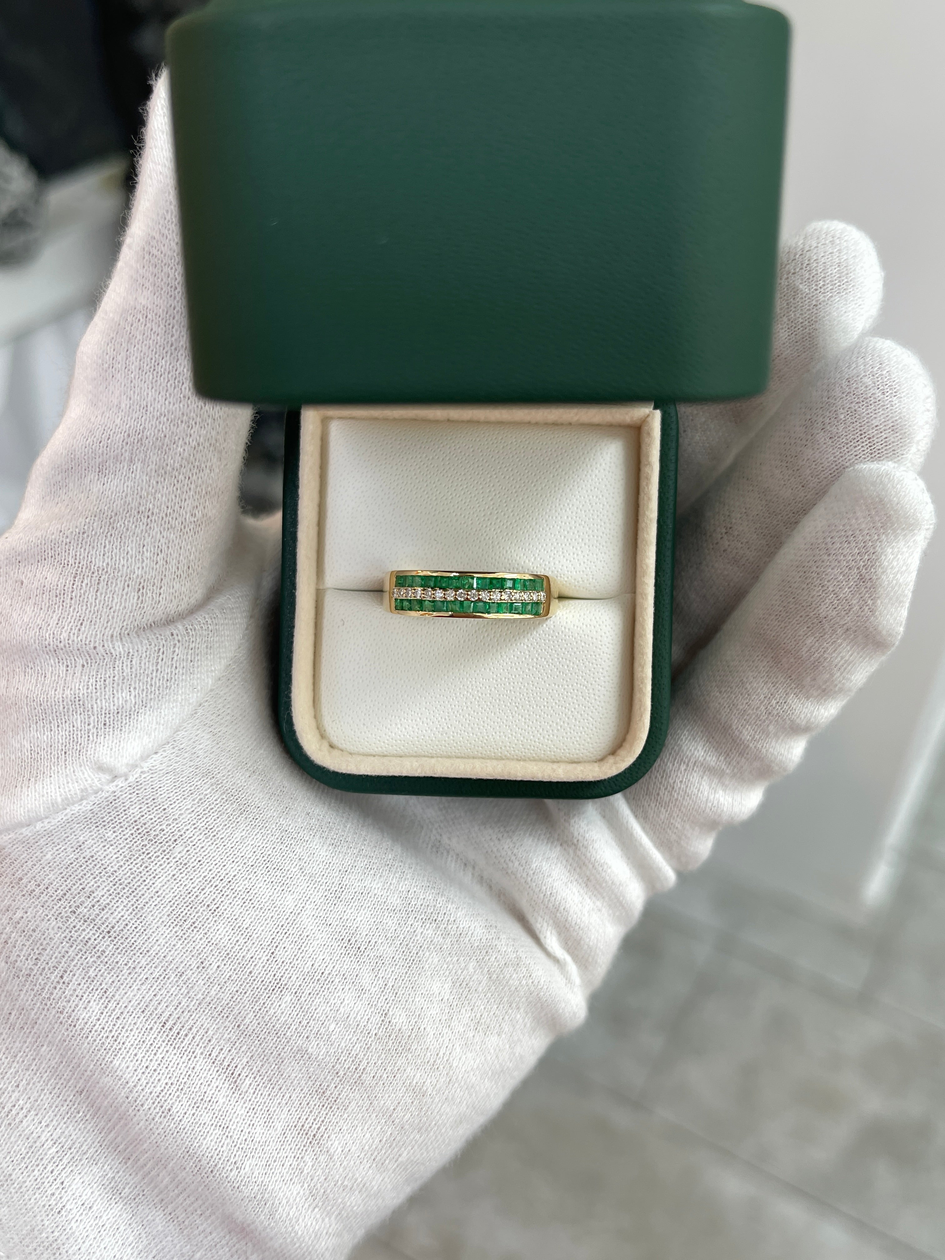 14K Gold Three Row Square Emerald & Diamond Wedding Band - 6mm Wide Elegant Stackable Ring for Bridal, Anniversary & Special Occasions